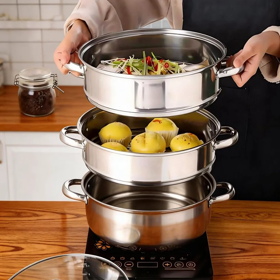 Cacerola de 28 cm de acero inoxidable para cocinar al vapor, sartén de 3 niveles con tapa, olla para cocinar verduras, mariscos, sopas, guisos y pasta