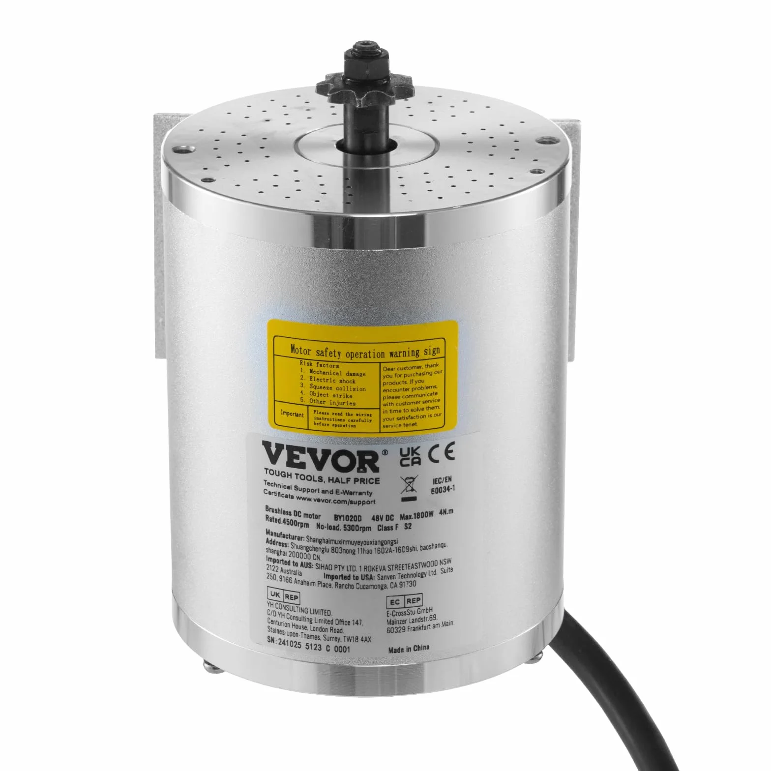 VEVOR Motor Eléctrico sin Escobillas de CC 1800 W 48 V 4500 RPM para Kart, Moto de Cross, Scooter, Bicicleta Eléctrica
