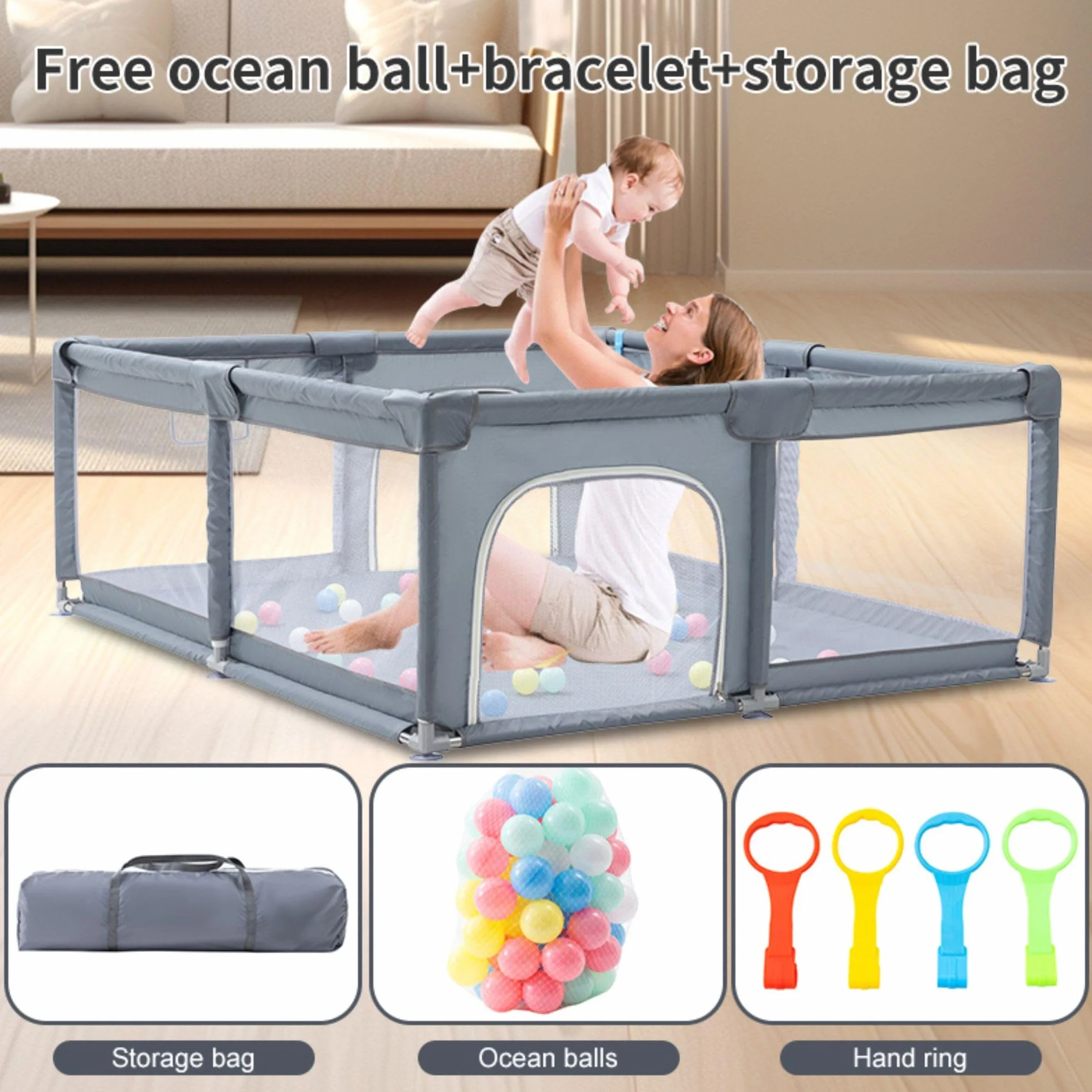 GLOKID Parque Bebé, 180 * 200CM, modulable, gran parque infantil, bola marina, bolsa de almacenamiento, gancho, para el hogar