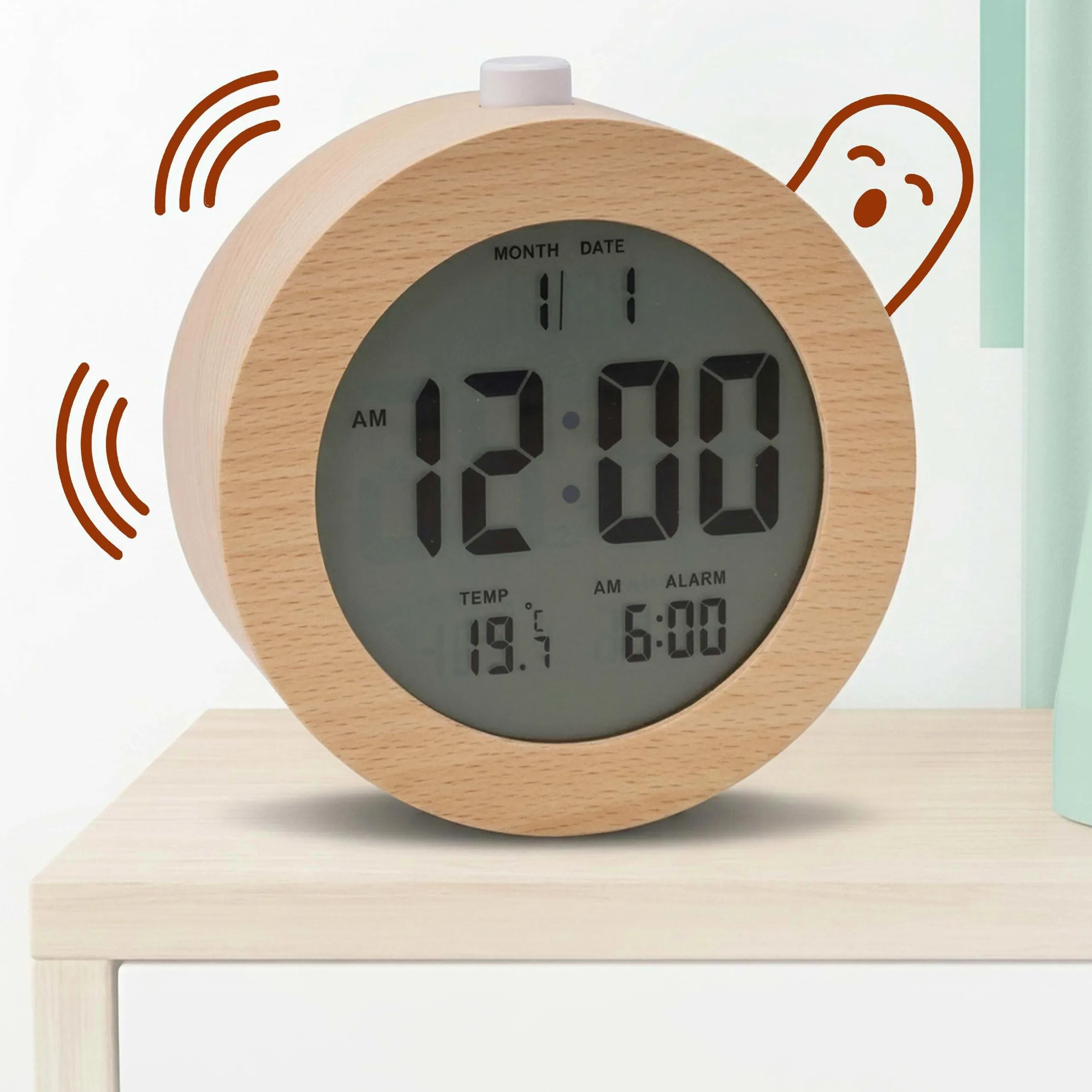 Relaxdays Despertador Digital de Madera con indicador de Fecha y Temperatura, función de repetición, luz, Reloj Despertador Digital Redondo, Color Natural