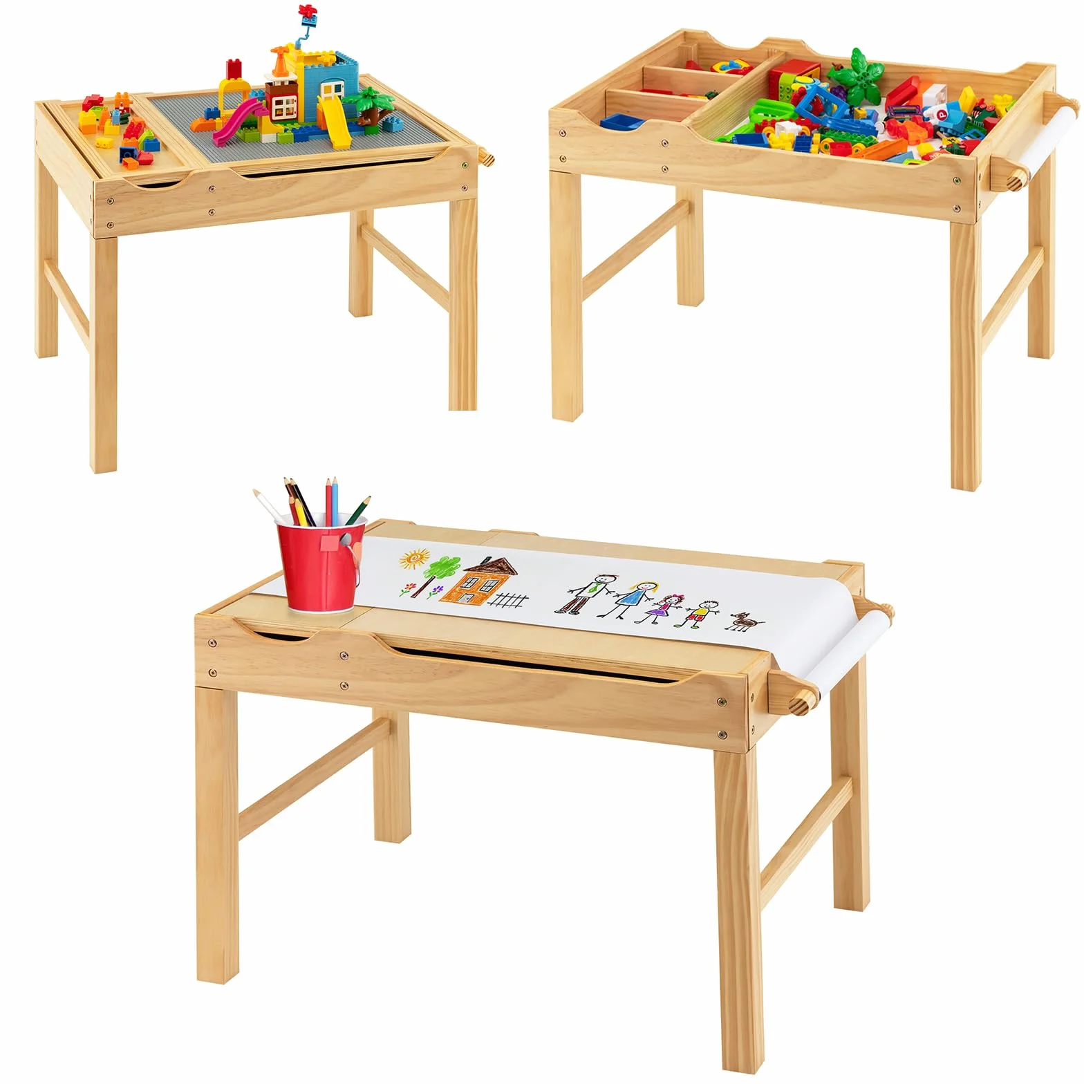 LIFEZEAL 2 en 1 Mesa de Actividades Infantil, Mesa de Dibujo y Bloques de Construcción con Espacio de Almacenaje, Bandeja Reversible, Rodillo para Papel, Escritorio de Madera para Niños (Natural)