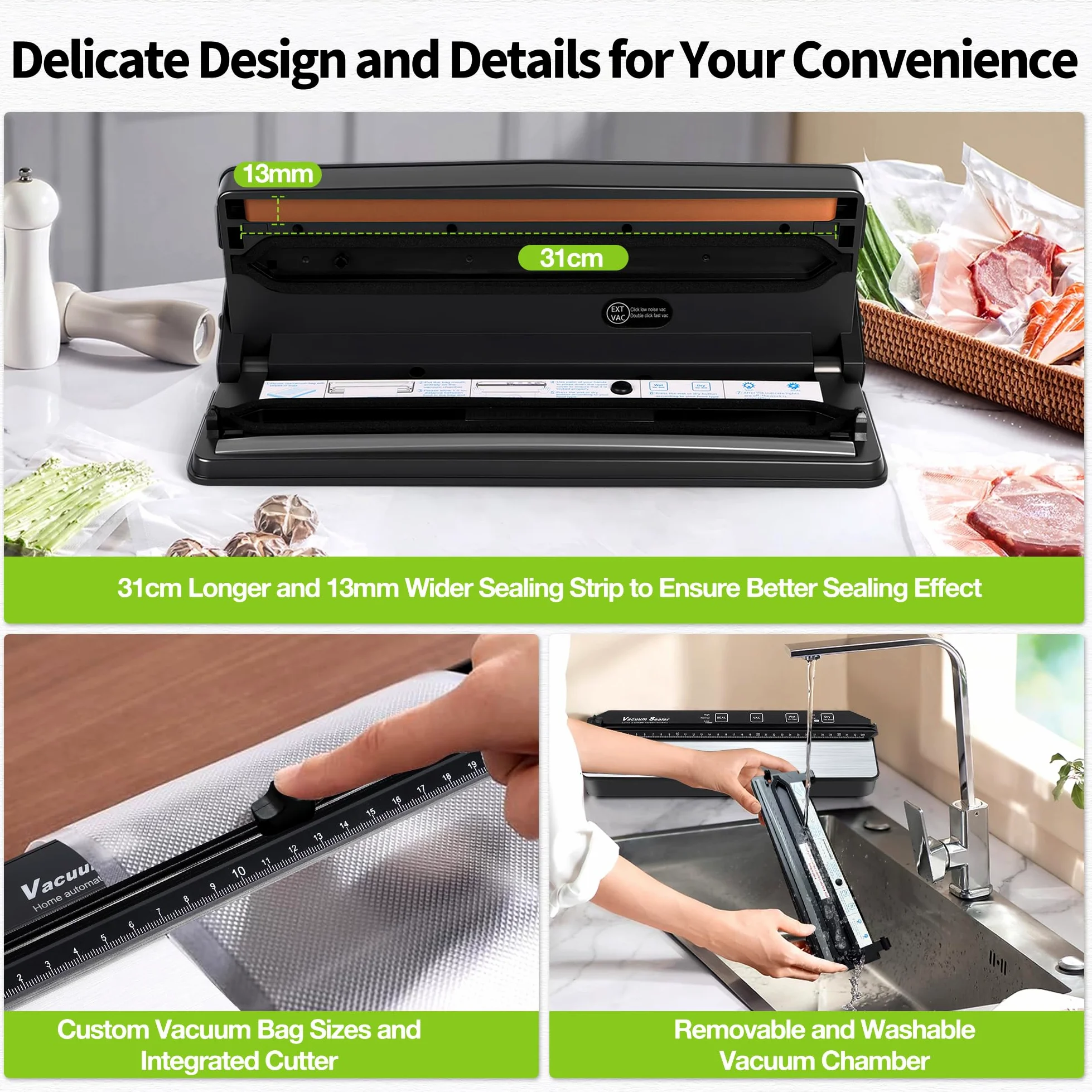 DeeprBetter Domestica Envasadora al Vacío Alimentos, 90kPa con Doble Bomba | Embasadoras Vacio Alimentos Secos&Húmedos, Todo en 1 Maquina Envasar al Vacio Alimentos con 13mm Sellado Ampliado, 15 Bolsas
