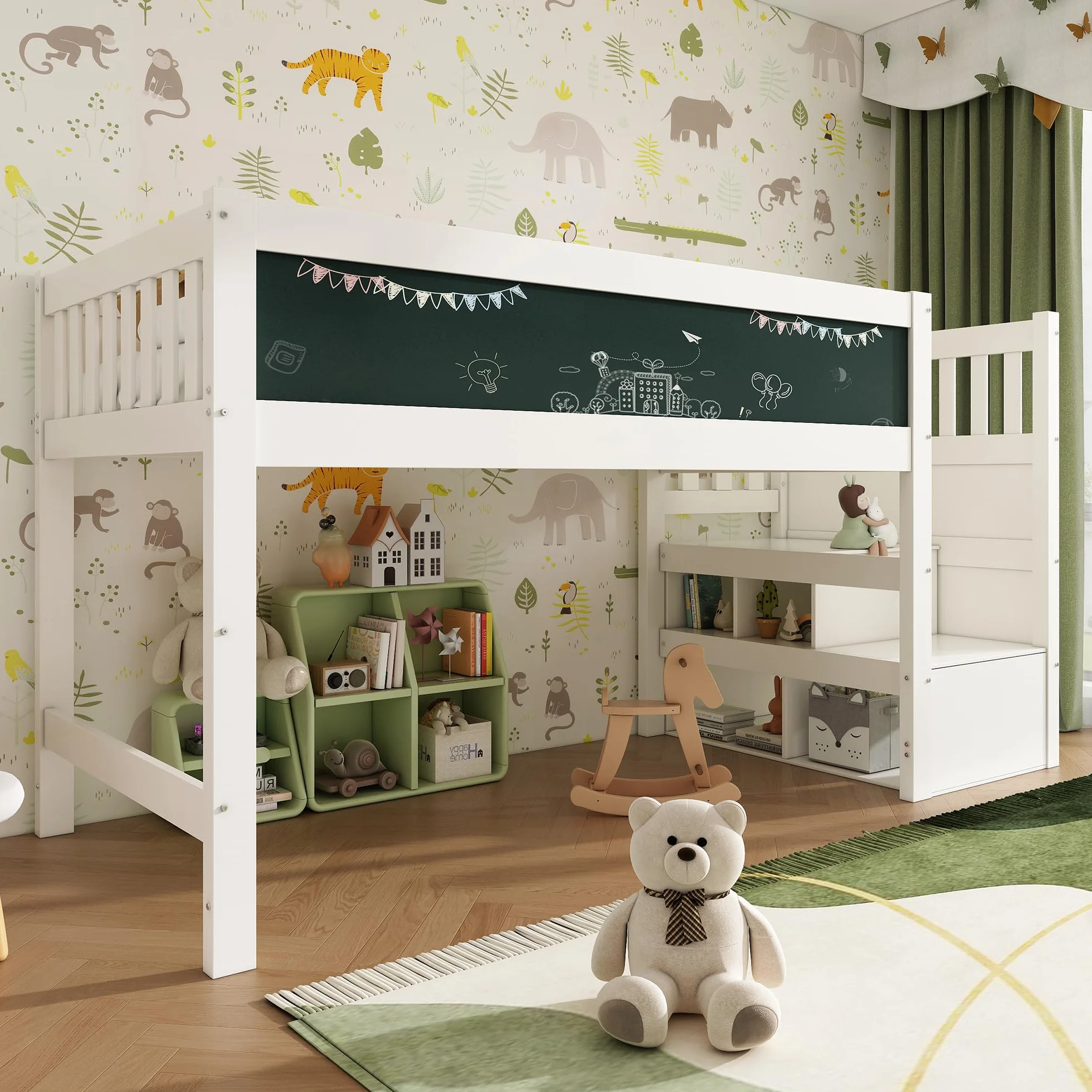 LAKFEW Cama Infantil Cama Alta 90x200 cm con Escalera de Almacenamiento y Pizarra, Camas Infantiles con Protección Anticaída, Cama para Niños, Camas Altas de Madera, Blanco, Sin Colchon
