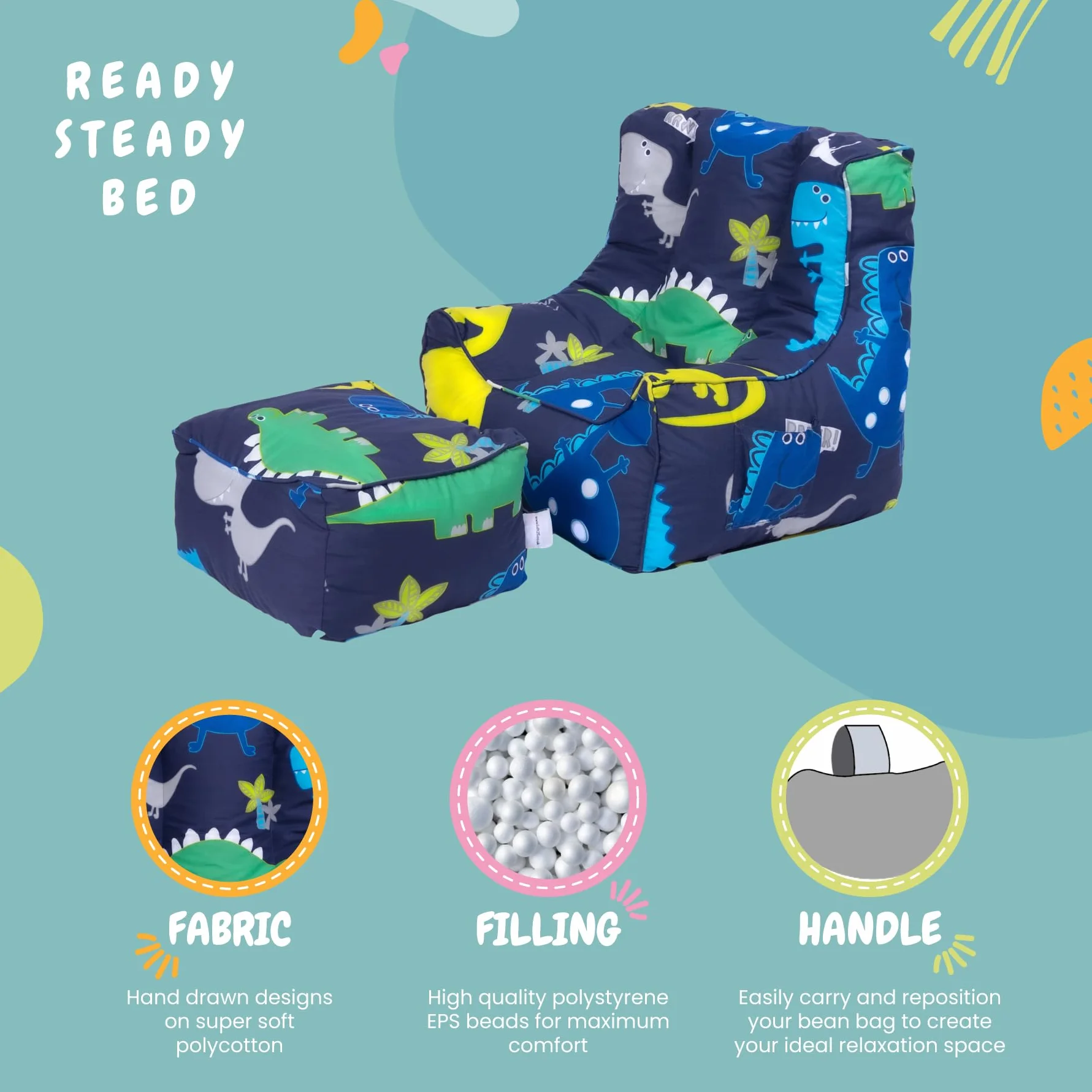 Ready Steady Bed Puf para niños con reposapiés, asiento suave y seguro para jugar a los niños, sillón de diseño ergonómico para niños pequeños, muebles cómodos para niños (dinosaurio oscuro)