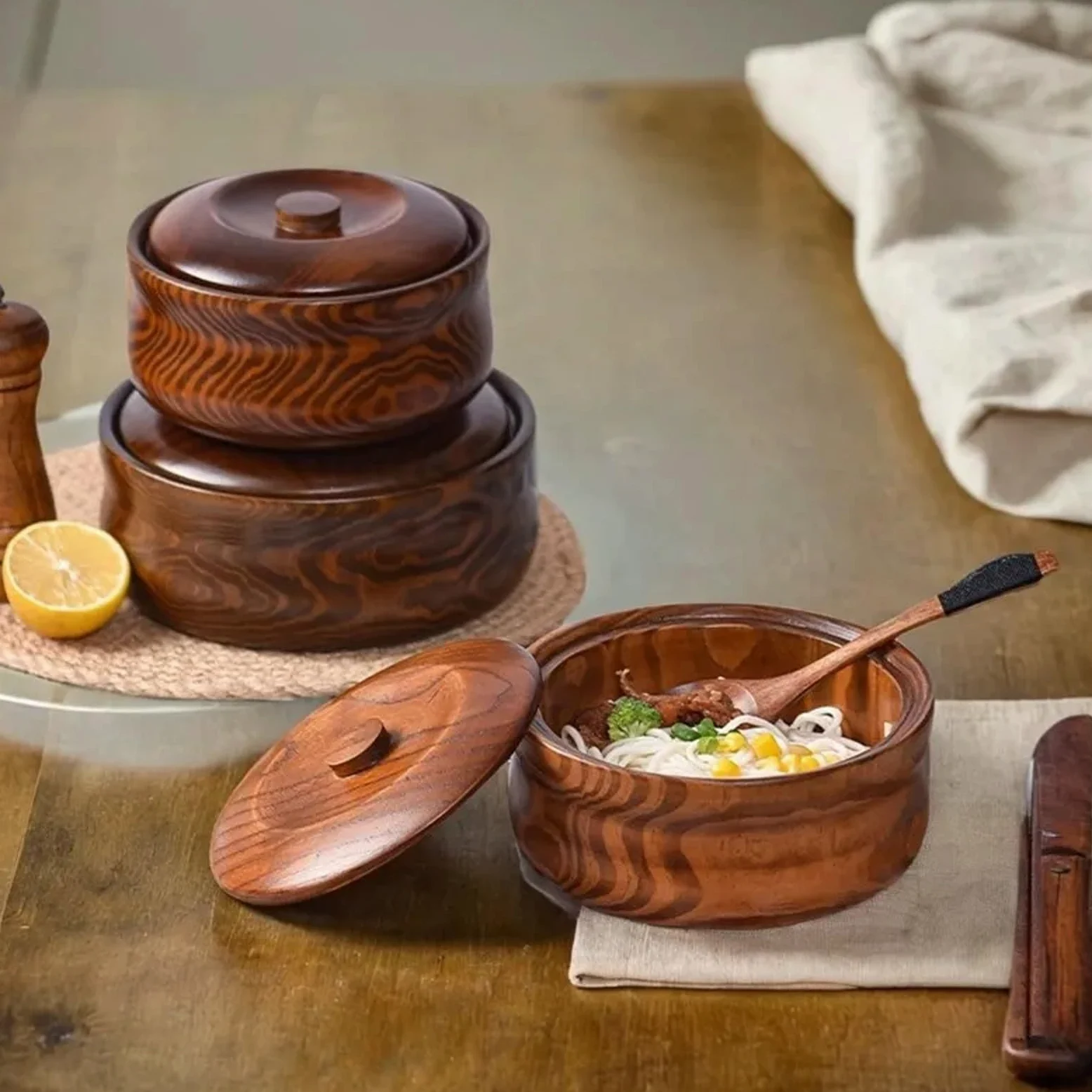 Bol de Madera para Servir con Tapa a Juego, Superficie Sin Rebabas. Caja para Aperitivos Resistente Al Polvo, Ideal para Fiestas y Reuniones en Casa(21-22cm)
