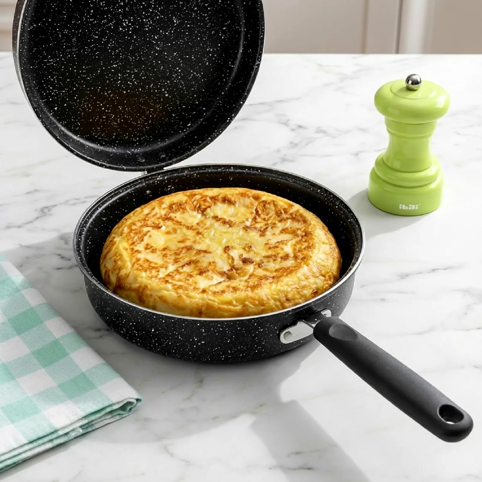 IBILI - Sarten doble para tortilla patatas natura, 24 cms, Aluminio, Antiadherente estilo piedra, Apto para induccion, voltea tortuilla.
