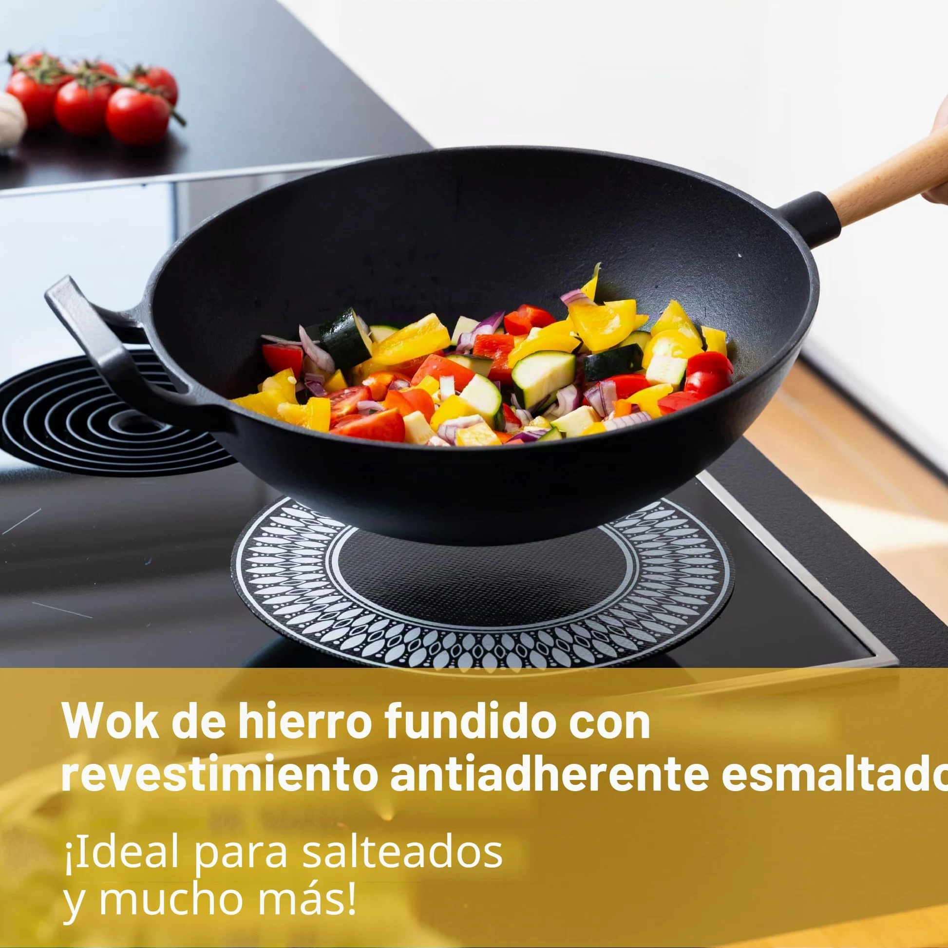 Wok de hierro fundido con revestimiento esmaltado, sartén antiadherente con mango de madera desmontable, utensilios de cocina, sartén de hierro fundido, wok antiadherente, 28 cm de diámetro