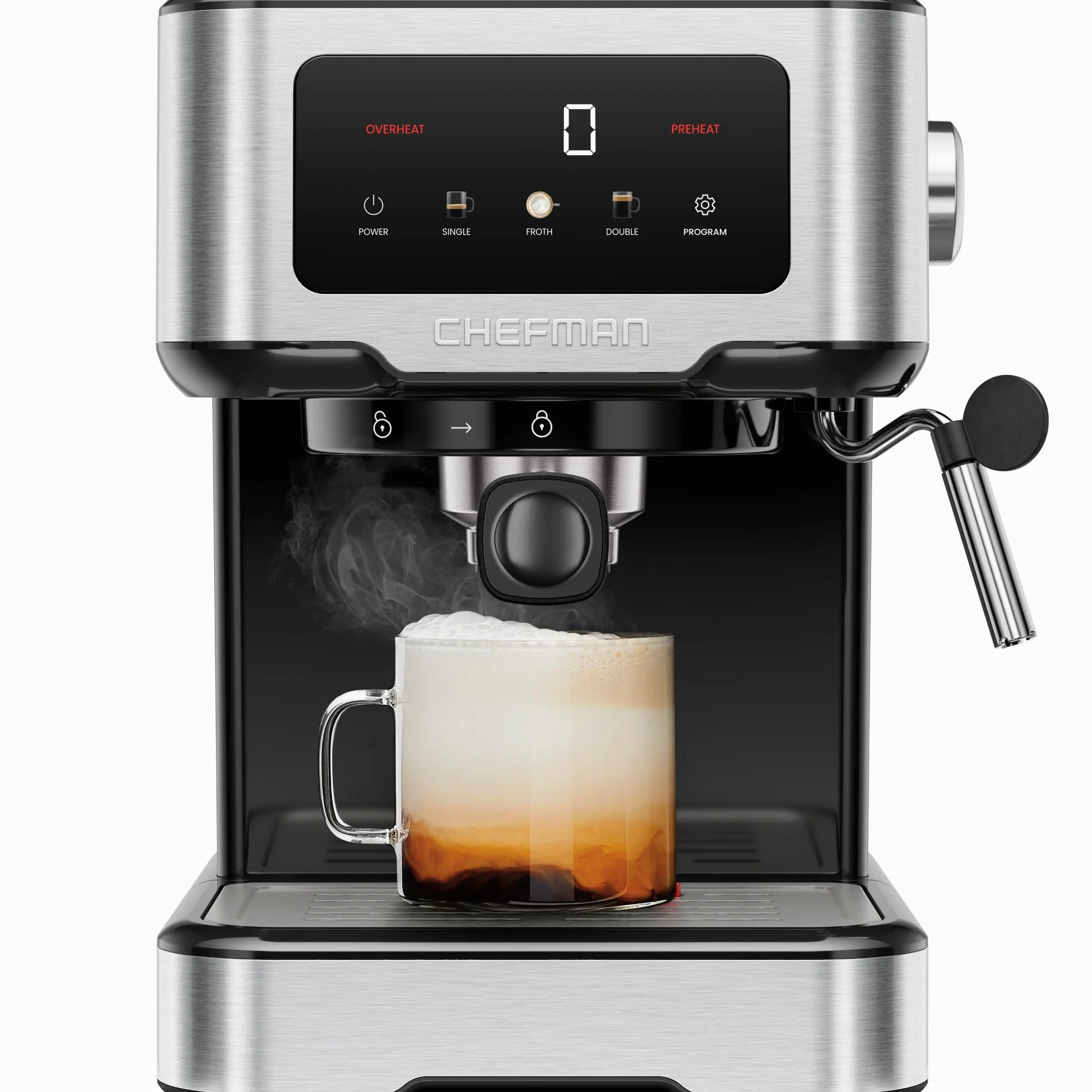 Chefman CraftBrew - Máquina portafiltro con bomba de 15 bar, pantalla táctil digital, vapor, máquina de espresso compacta con depósito de agua extraíble de 1,5 l, acero inoxidable | Pantalla táctil digital, latte y capuchino, compacto, extraíble, acero in
