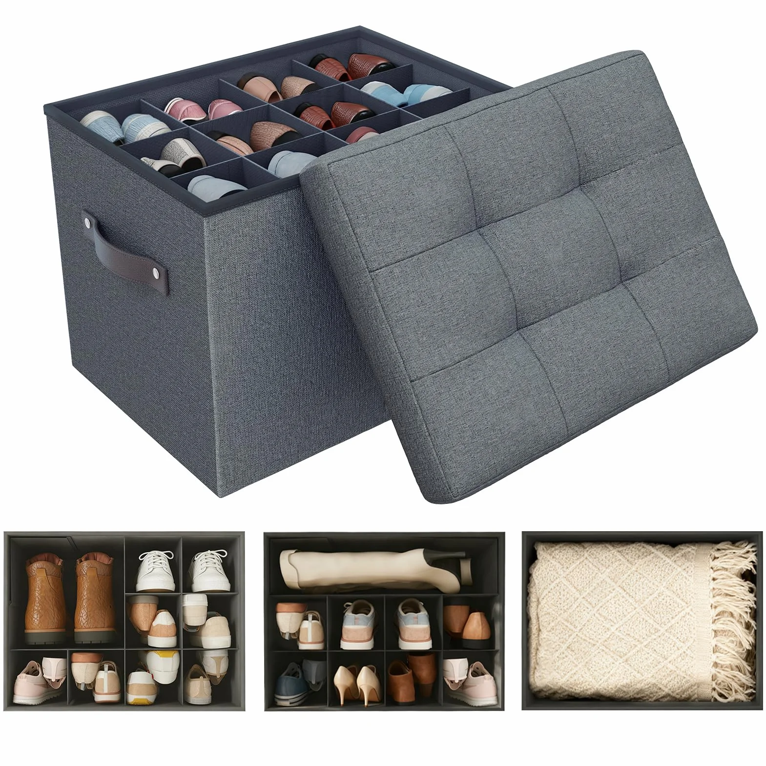 Banco otomano de almacenamiento, organizador con divisores ajustables con tapa para zapatos, ropa, juguete, manta, reposapiés plegable con almacenamiento para sala de estar y dormitorio