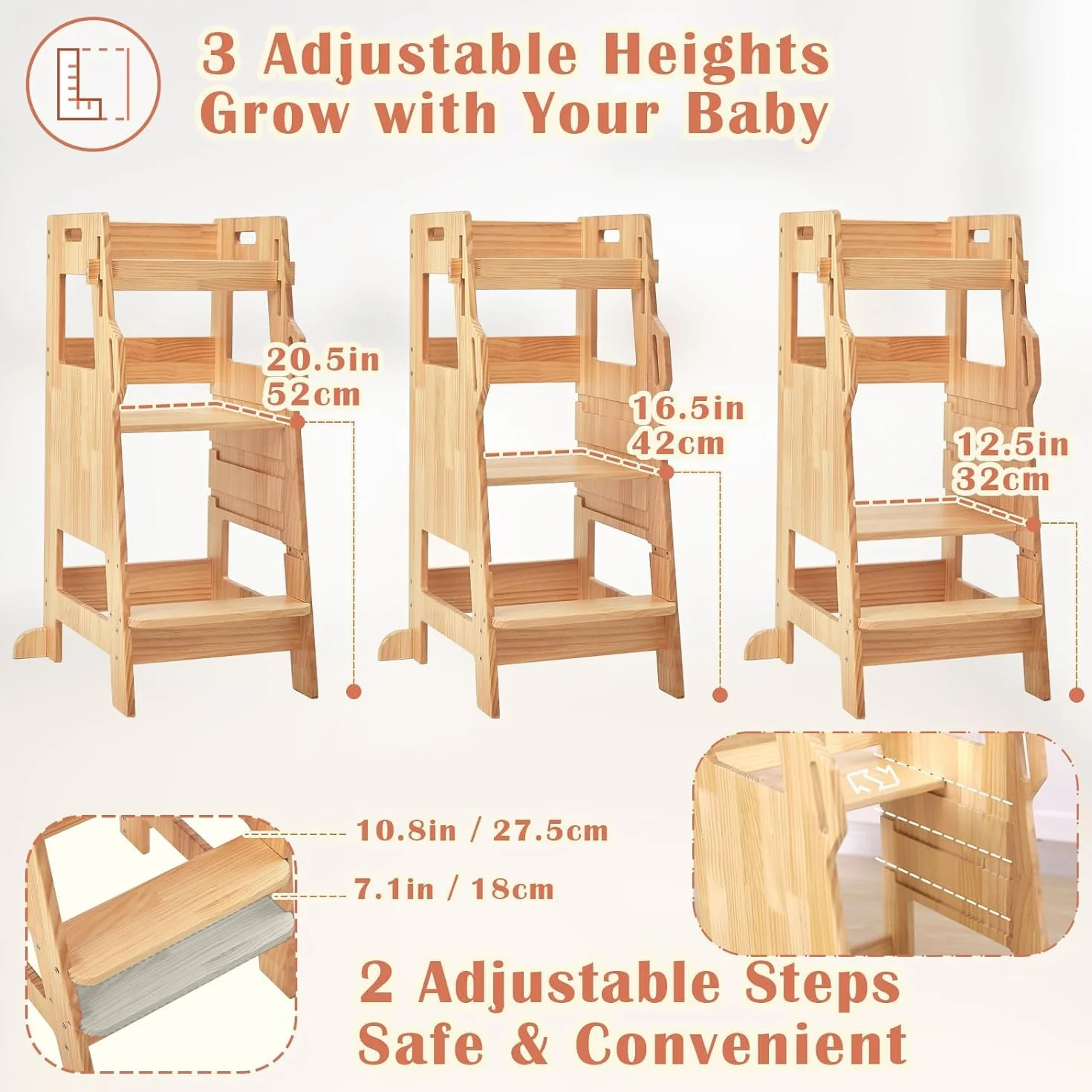 FUNLIO Torre de Aprendizaje con Red de Seguridad, Taburete Cocina Niños Ajustable 3 Niveles Montessori