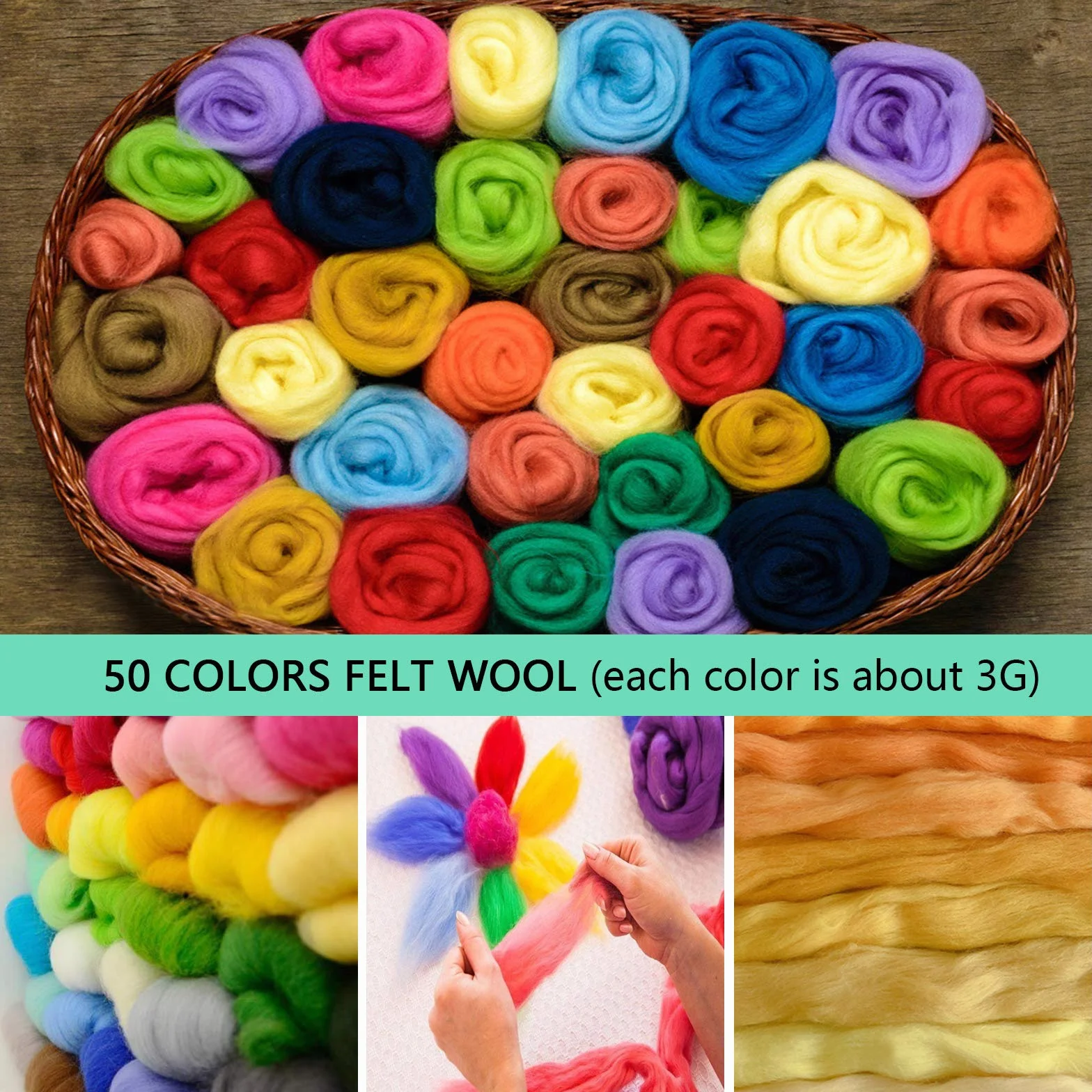 Lana de Fieltro,Fieltro de Lana,50 colores y 7 plantillas de fieltro de aguja kit,con Herramientas de Fieltro de Lana,adecuado para principiantes en fieltro artesanal hilado a man