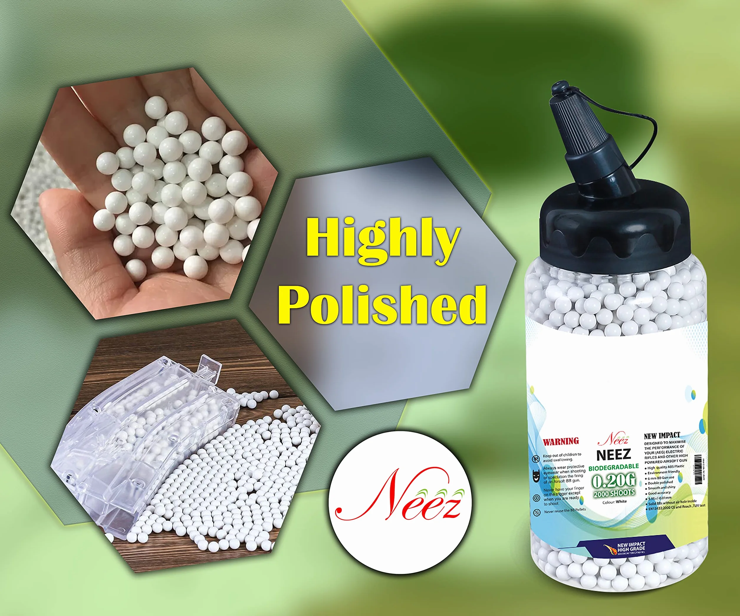 Neez Bolas Airsoft - Plastico Paintball Balas para Pistolas, Fusil, Armas - Bio BBS Bola 6mm 0,20 g BB Pellets 1000, 2000, 5000, 10000 Munición