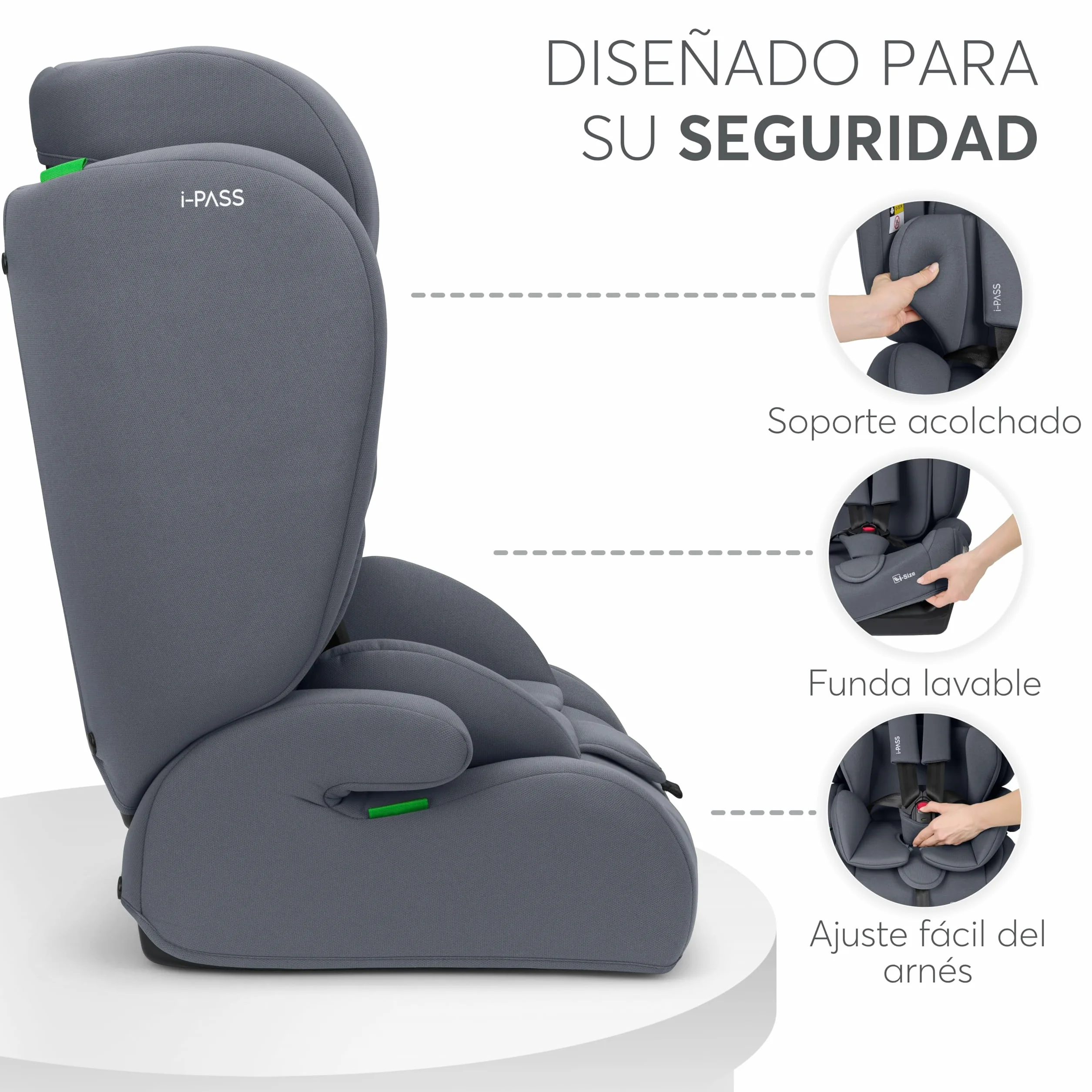 KikkaBoo Silla de Coche Grupo 1 2 3 i-PASS 9-36 kg 76-150cm Reposacabezas 13 Posiciones Gris
