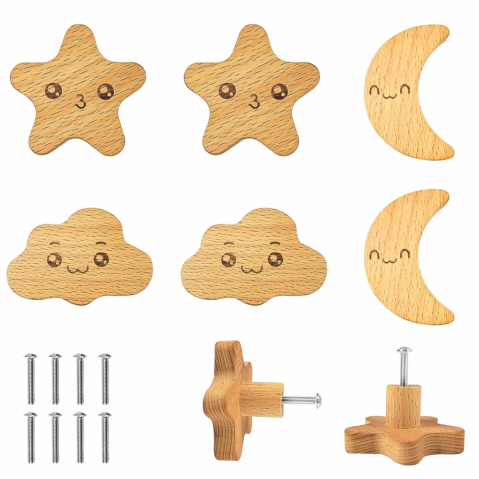 6 Piezas Tiradores Armarios, Pomos Infantiles, Maciza Tiradores Armarios Infantiles, Textura Natural Estrellas, Luna y Nubes Tiradores Infantiles Madera