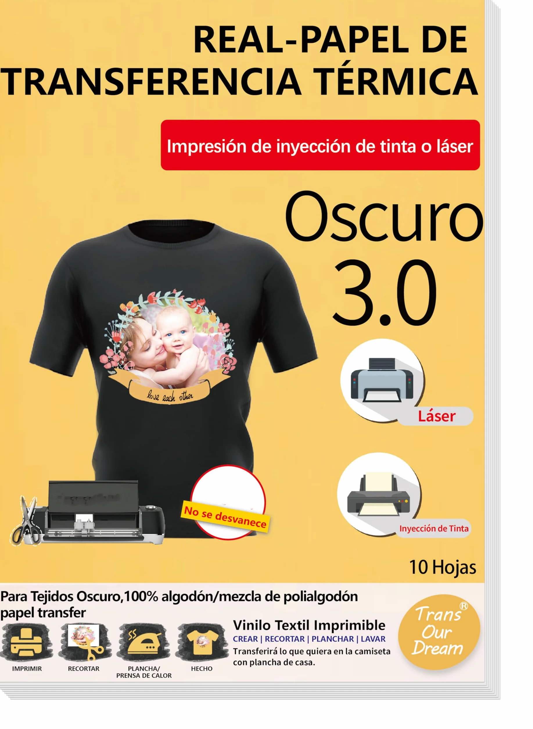 TransOurDream-Papel de Transferencia para tejido oscuro,transfer paper t-shirt printing,vinilo HTV,Mejora 3.0,A4 10 Hojas,Papel Transfer,Perfecto para fiesta.