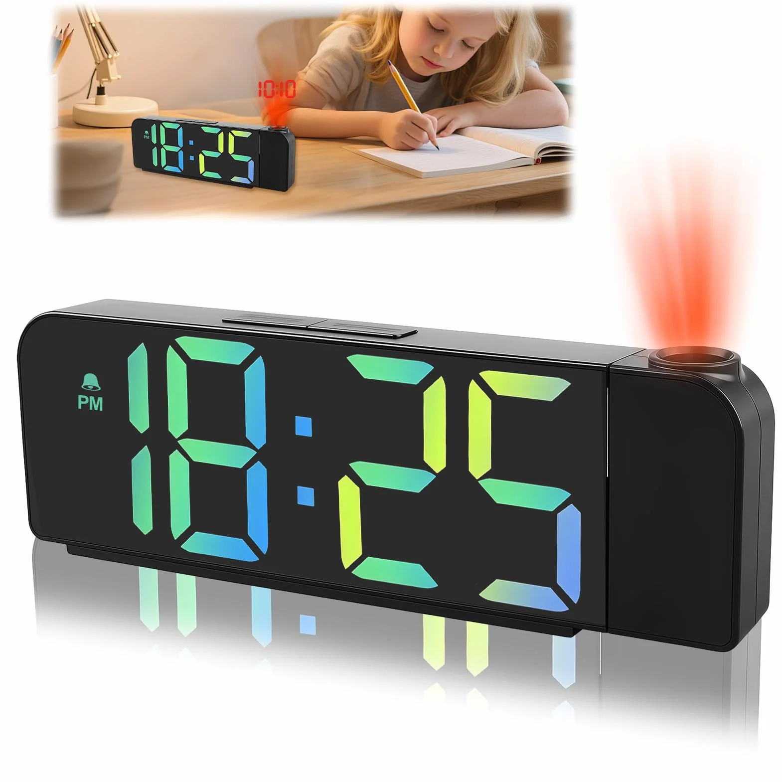 Reloj Despertador de Proyección Digital, 180° Pantalla LCD Grande con Proyector, Temperatura, 3 Niveles de Brillo, Modo nocturno, 19.5cm Alimentación por USB, 12/24 h, para Niños, Ancianos(Noir)