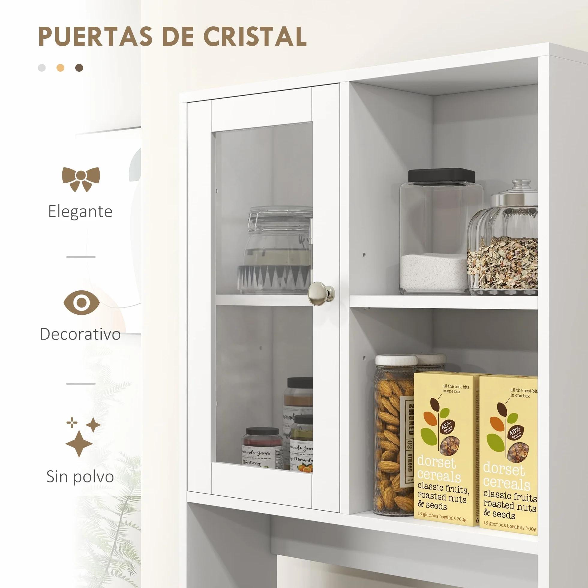 HOMCOM Alacena de Cocina Armario de Cocina Buffet Aparador con 2 Puertas de Vidrio Compartimentos Abiertos 4 Cajones y Estantes Ajustables 60x35x180 cm Blanco