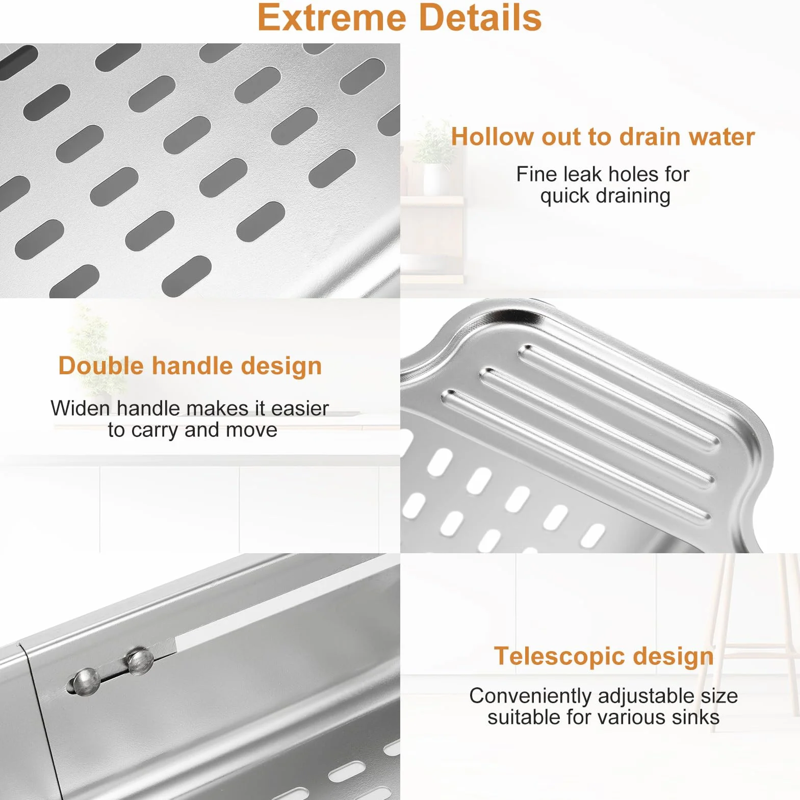 Escurridor Fregadero, Colador Fregadero Retráctil De Acero Inoxidable, Colador de Cocina, Escurridor Verduras Ideal para Lavar Verduras Y Frutas, Escurrir Pasta Cocida - Grande