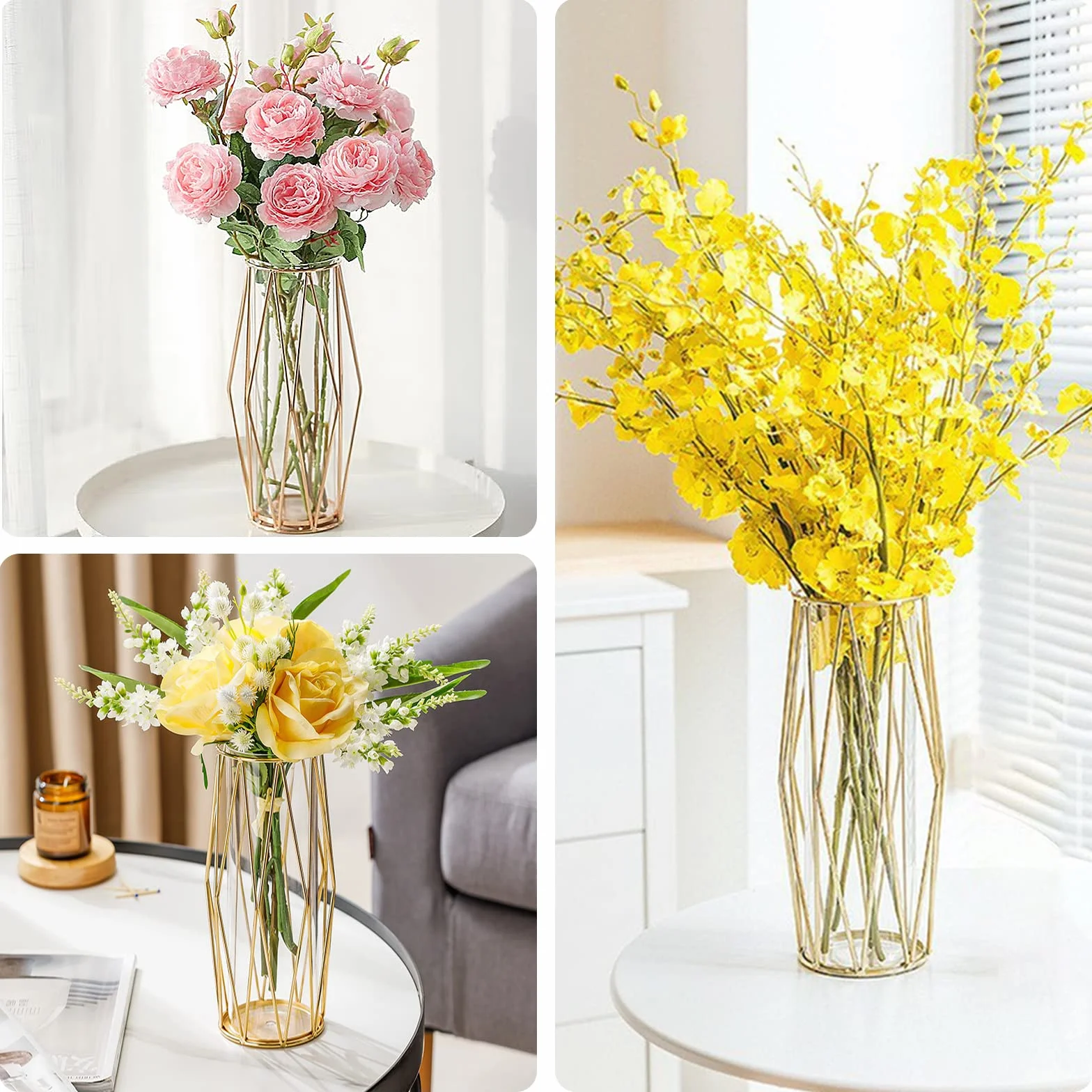 Jarrones Decorativos Modernos con Soporte Metálico Geométrico, Terrario Cristalino, Florero de Vidrio para Plantas Hidropónicas y Flores, Centro de Mesa para Bodas y Decoración de Interiores