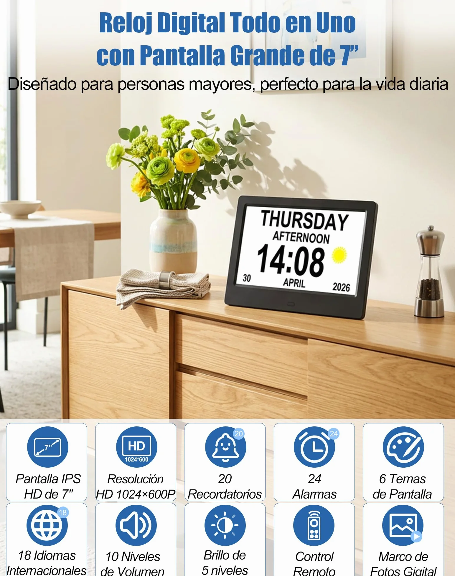 jely Reloj Digital para Personas Mayores 7'' Calendario Digital para Alzheimer y Pérdida de Memoria, 20 Recordatorios, 24 Alarmas, Marco de Fotos Digital, Control Remoto, Reloj de Pared y Mesa - Negro