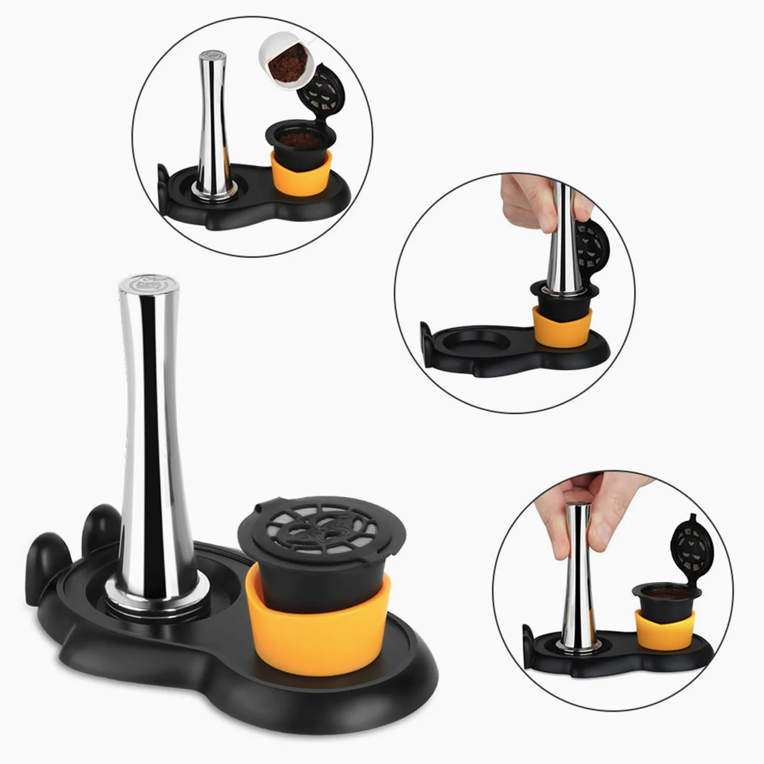 PURPLELILY Martillo de acero inoxidable para prensar café espresso en polvo para portafiltro cápsula, cepillo de limpieza para máquina de café