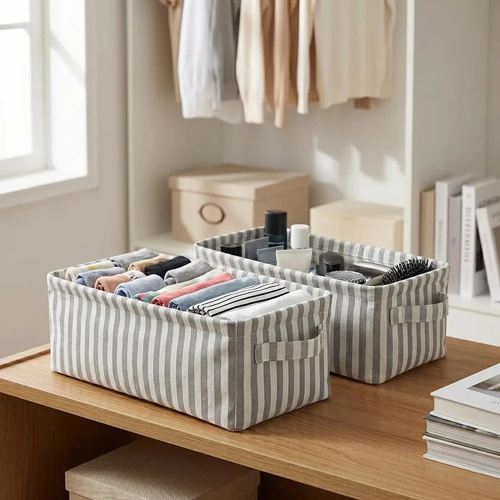 Juego de 2 Cajas Organizadoras de Tela Plegables, Cestas de Almacenamiento Estrechas con Asas para Armarios, Estanterías y Baños - 38x15x13 cm, Gris y Blanco
