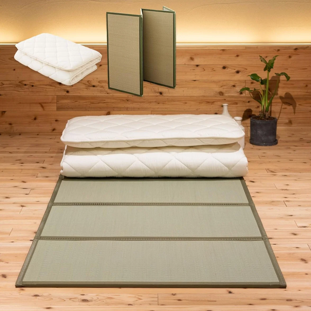 EMOOR Conjunto de Colchón Futón Japonés y Tatami Plegable Premium CLASSE 100 x 200 cm, Tapete para Piso Sikibuton Igusa Natural
