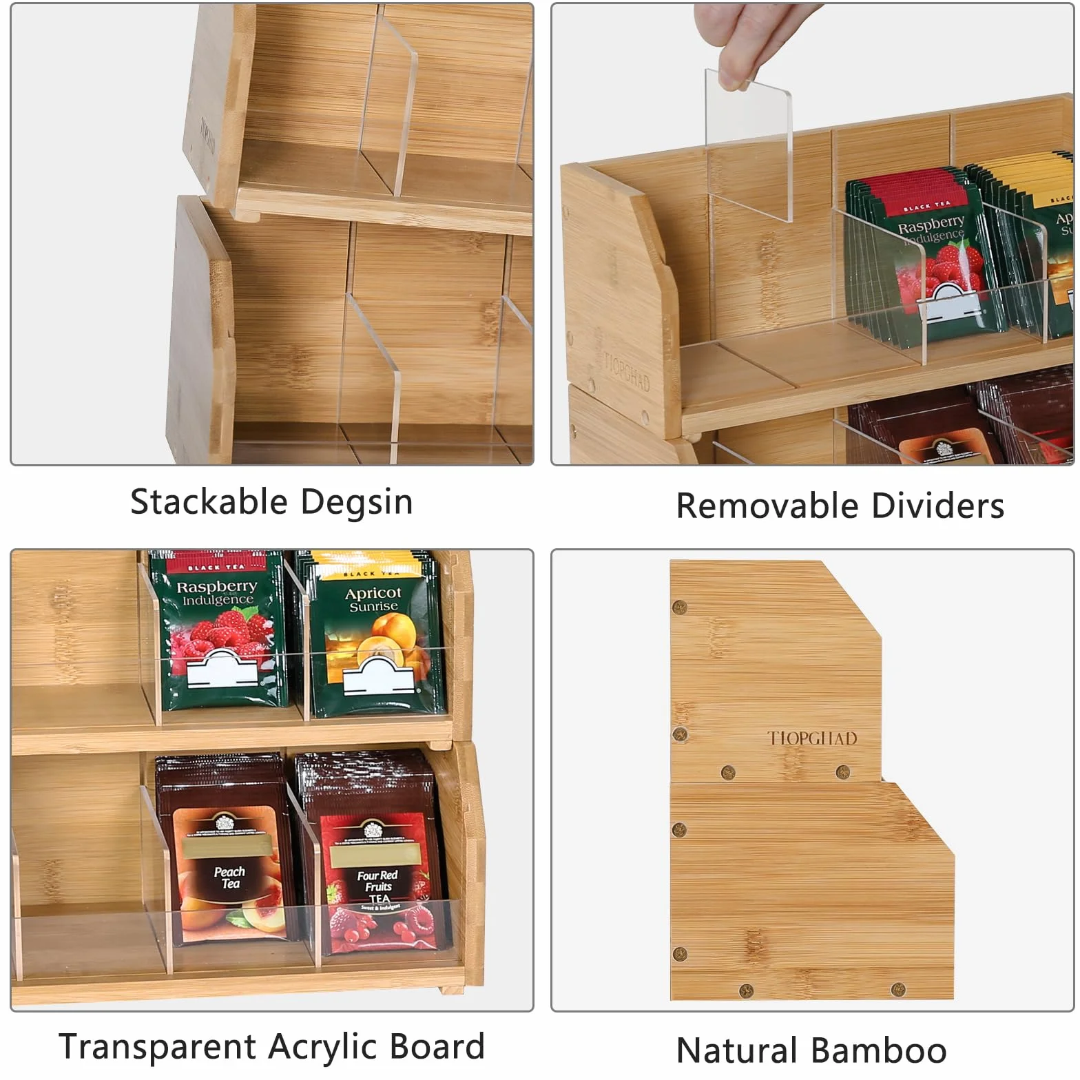 TIOPGHAD Organizador de bolsas de té de bambú apilable de 2 capas, soporte de almacenamiento para bolsas de té, contenedores de madera para té, estante de estación de té para gabinete, encimera