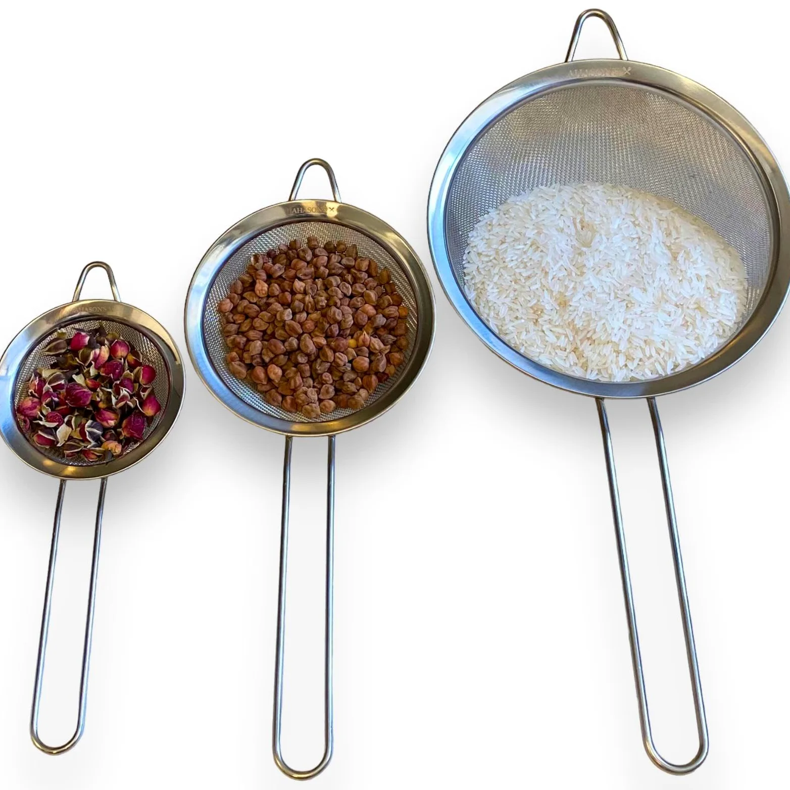 AHASON'S Juego de 3 coladores de malla fina de acero inoxidable 201ss con mango largo, tamaño pequeño 8 cm - mediano 12 cm - grande 18 cm, libre de óxido y sin bordes afilados (acero inoxidable)