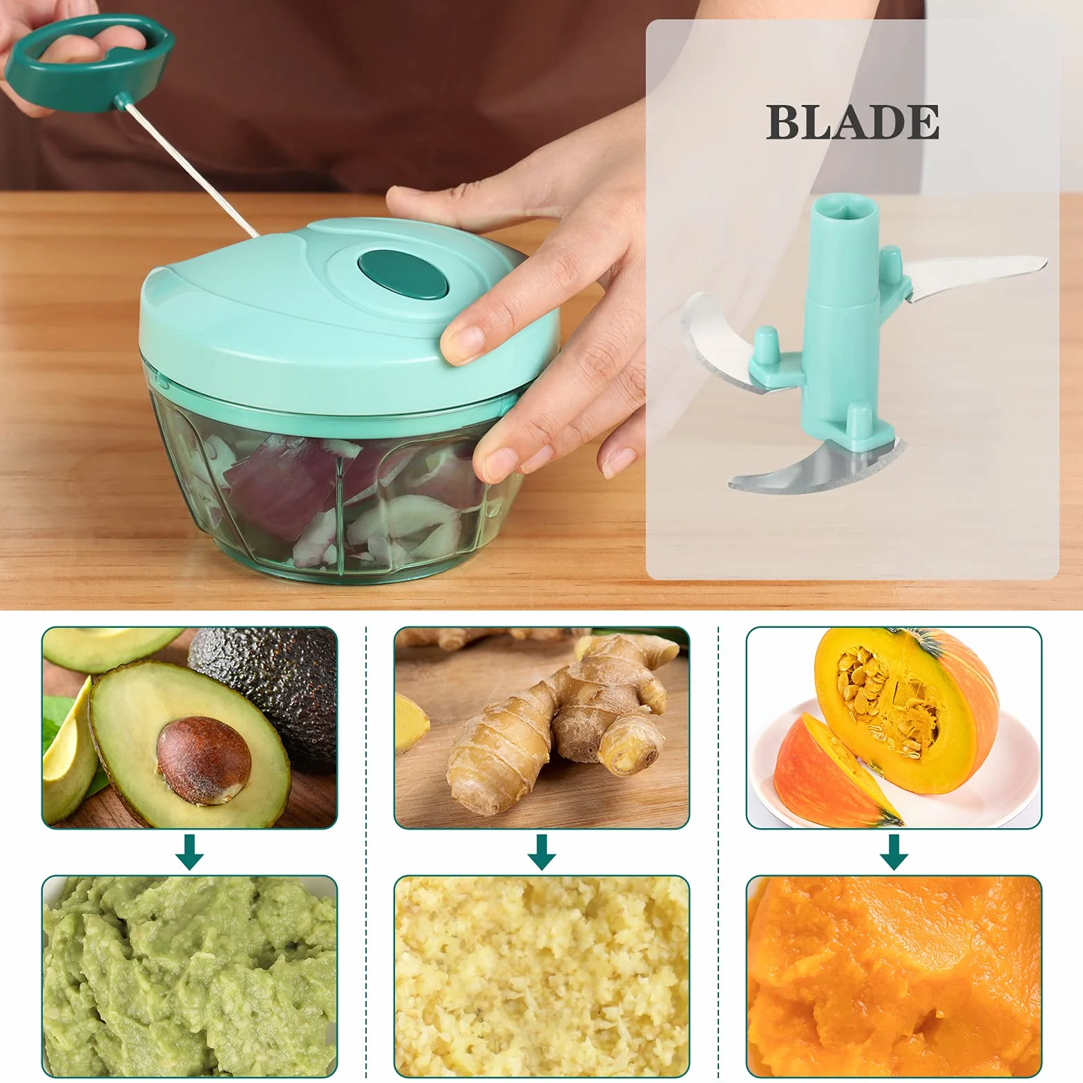 Cambom - Picador manual de alimentos, con cuerda para tirar de verduras, cebollas, material seguro para alimentos sin bisfenol A (2 tazas)