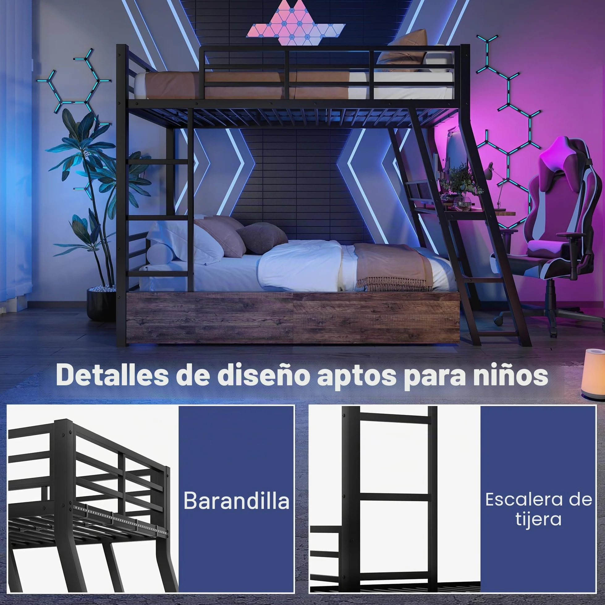 Dolamaní Cama Alta, 90 x 200 cm, de metal, con escritorio y cajones, litera, 2 personas, para adultos/niños, escalera segura, sin colchón (negro)