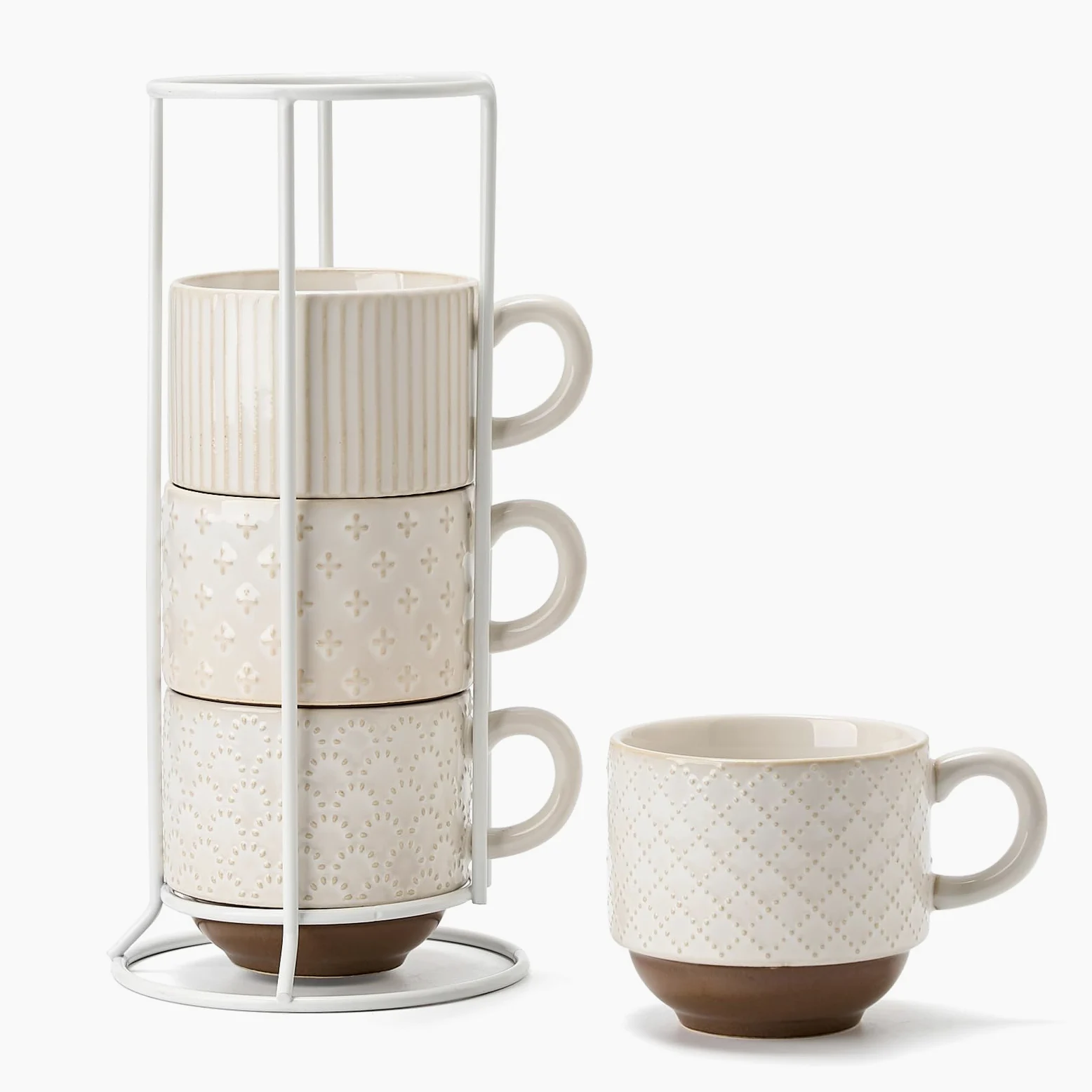 Juego de 4 tazas de café grandes de cerámica con soporte, apilables, de 15 onzas, diferentes relieves, para capuchino, té, cacao caliente, bebidas, aptas para lavavajillas y microondas,