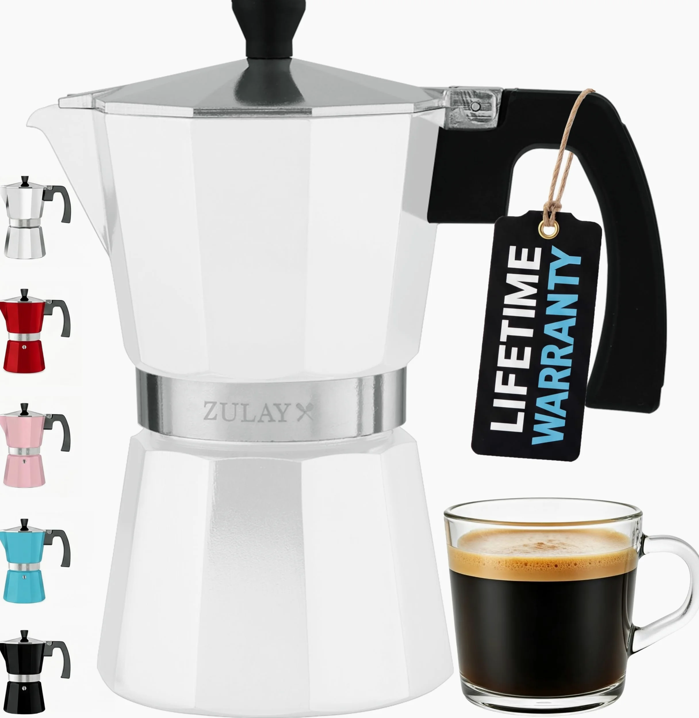 Zulay Premium Moka Pot Espresso - Cafetera espresso a prueba de fugas - Perfecto para auténtico espresso de estilo cubano e italiano - Hace 3 tazas de espresso, color blanco