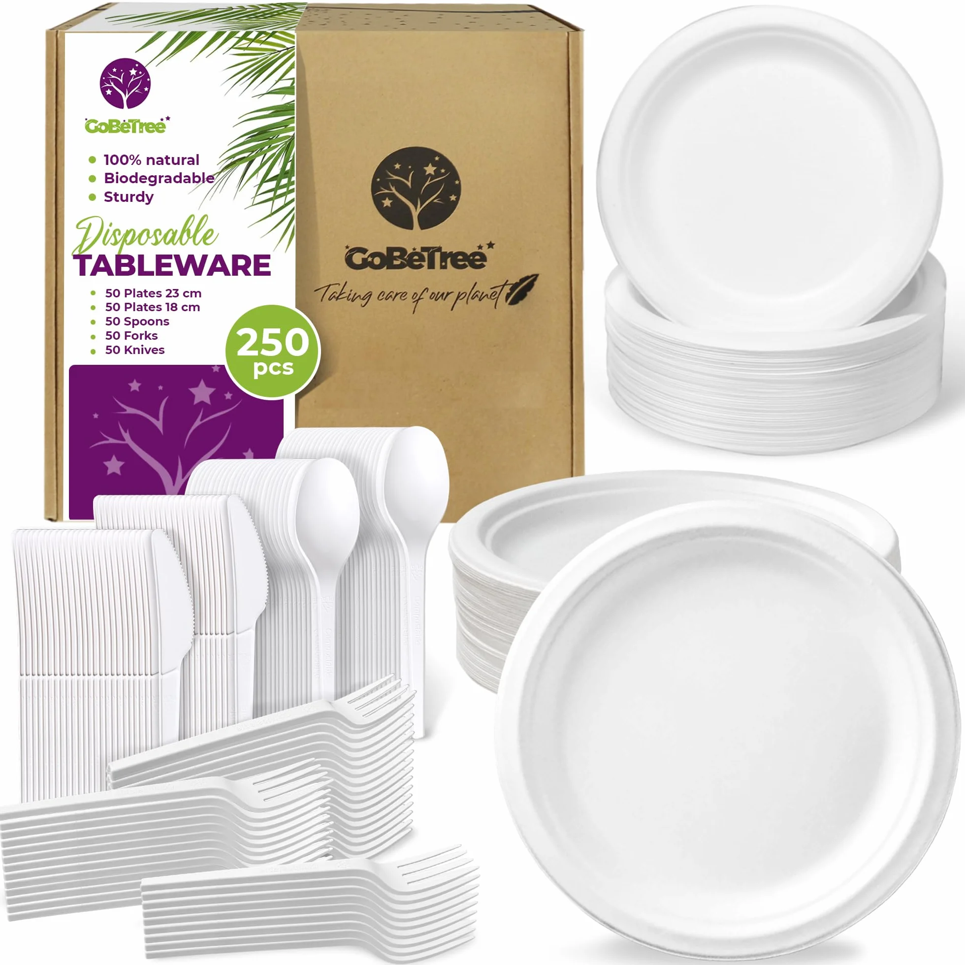 Vajilla Desechable 50 Personas Ecológica con Platos Biodegradables Caña de Azúcar y Cubiertos de Plástico Reutilizables | 250 Piezas Resistentes para Fiestas y Barbacoas