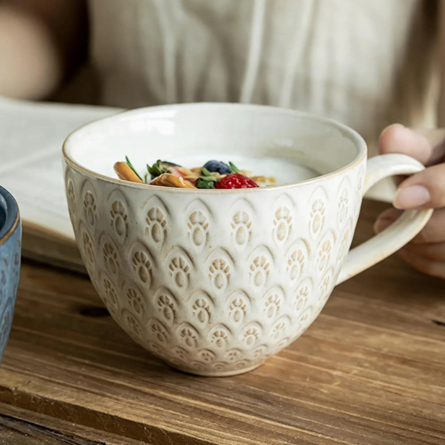 Taza de desayuno a cuadros de 500 ml con esmalte de horno de avena retro de cerámica, 500 ml