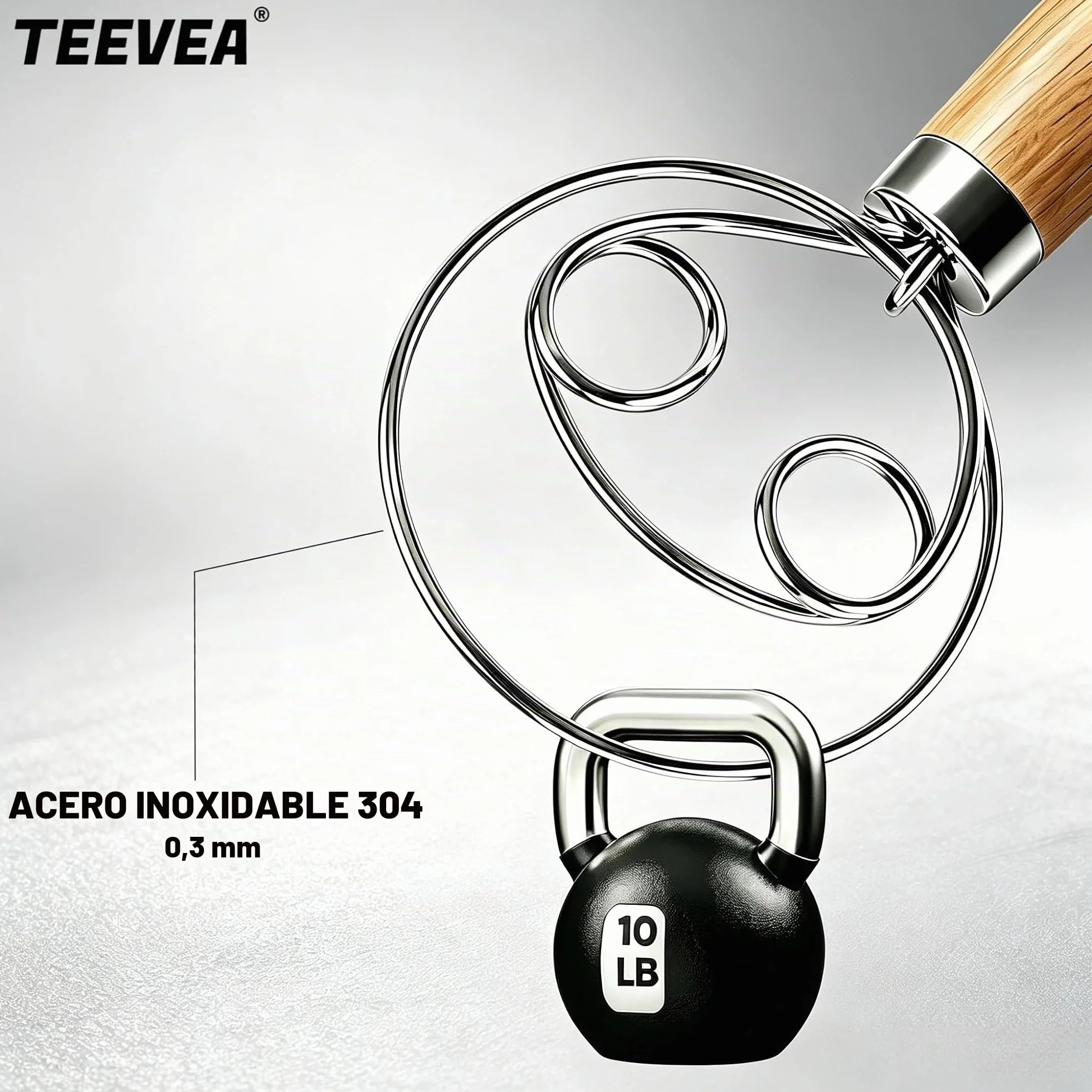 TEEVEA Batidor de masa danés de acero inoxidable estilo holandés para masa de pan con mango de madera, herramientas de cocina para hornear, herramientas y suministros para hacer pan