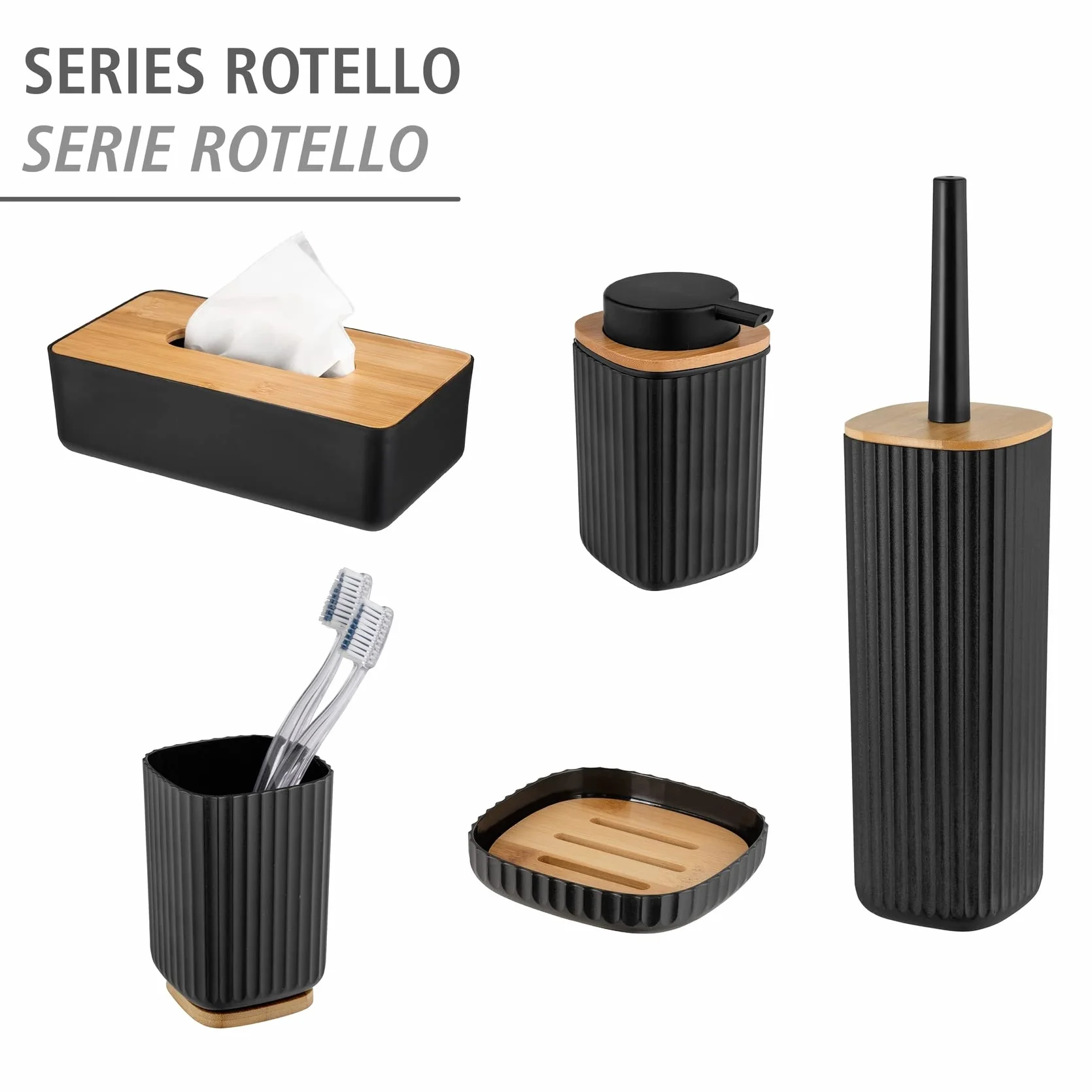 WENKO Vaso para cepillo de dientes Rotello, de plástico, para cepillos de dientes, y base de bambú, para guardar utensilios, con estructura acanalada de fácil sujeción, Ø 8,6 x 11,1 cm, negro/natural