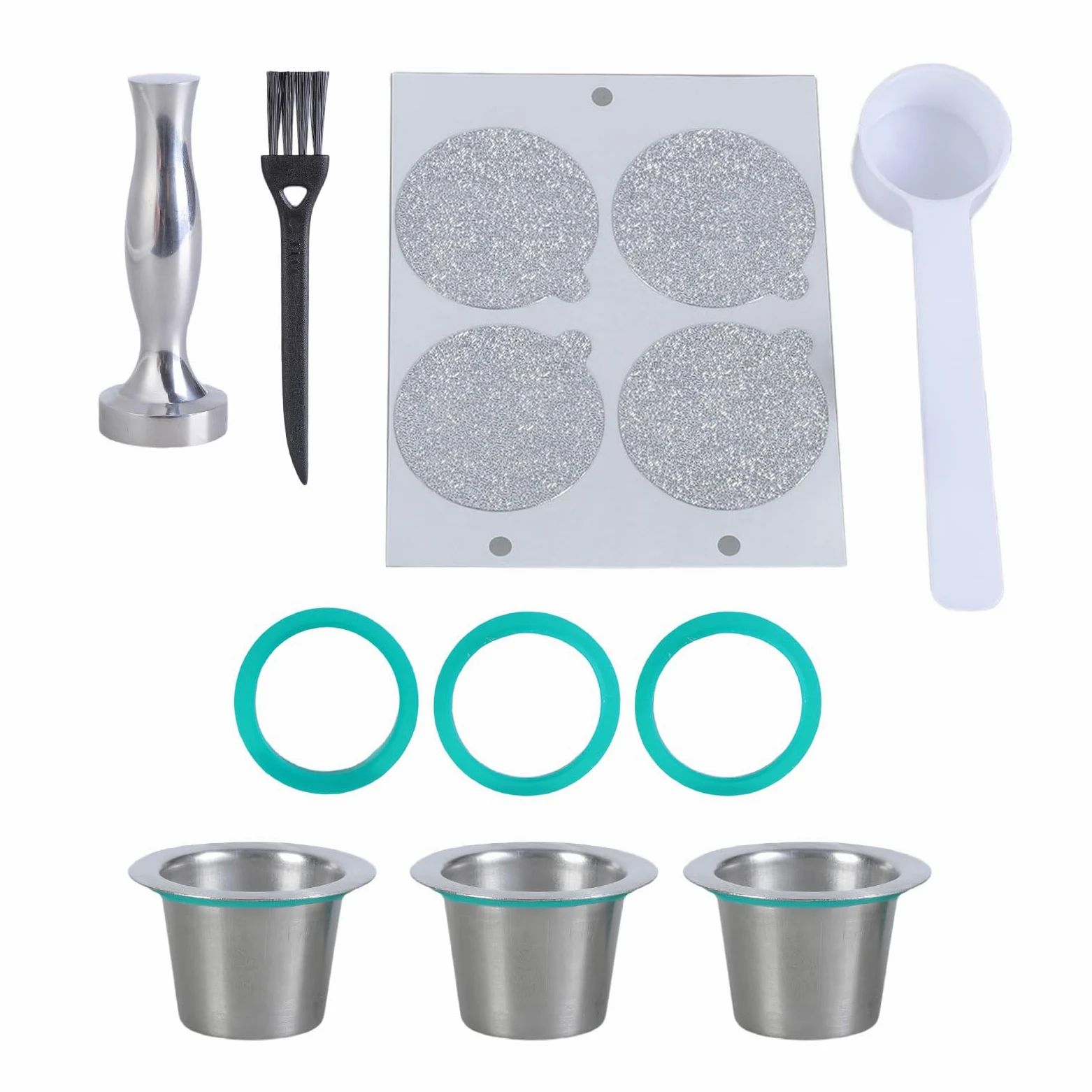 Filtro de cápsulas de café recargables de acero inoxidable con tampón y cuchara, filtro de cápsulas de metal con tampador y cuchara