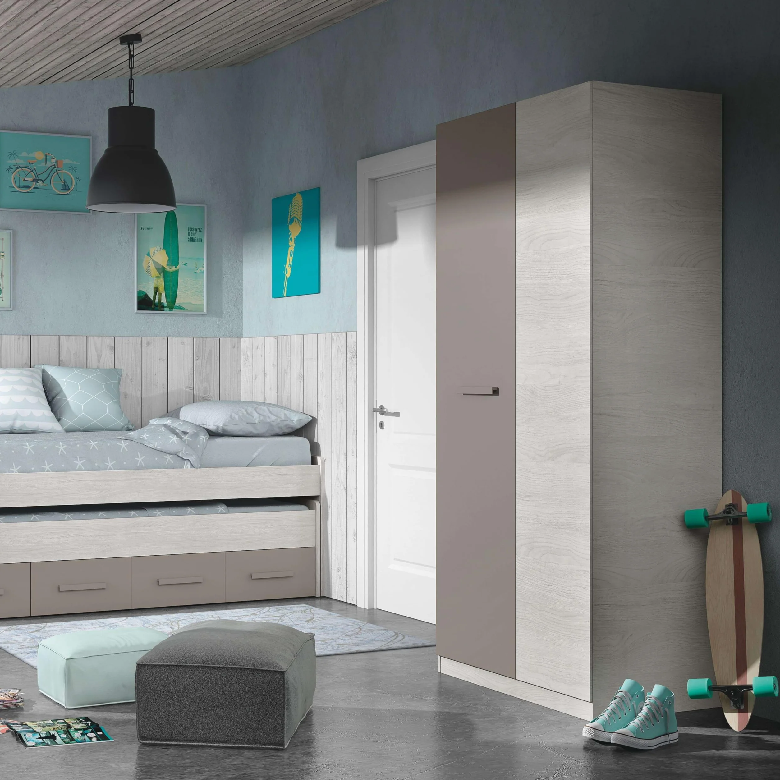 Habitdesign Armario Juvenil, Infantil, Modelo Ares, Acabado en Color Blanco Alpes y Basalto, Medidas: 90 cm (Ancho) x 200 cm (Alto) x 52 cm (Fondo)