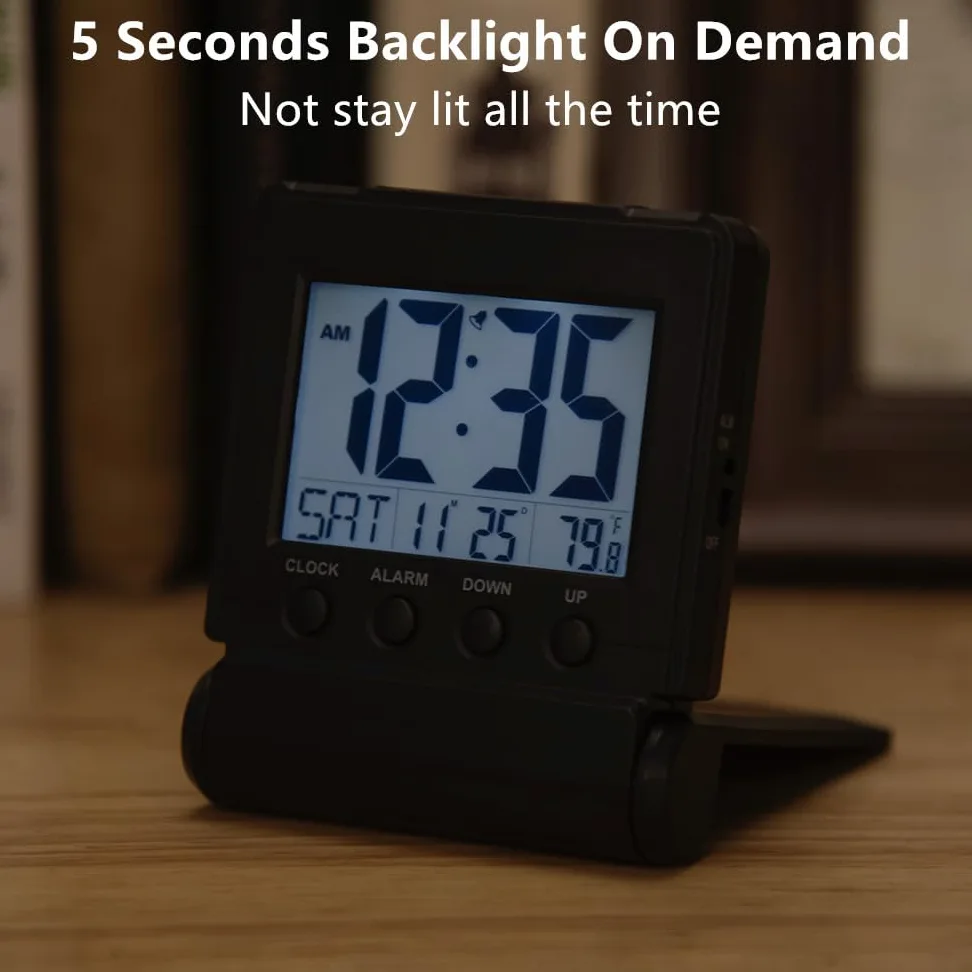FAMICOZY Reloj despertador plegable con calendario, color negro
