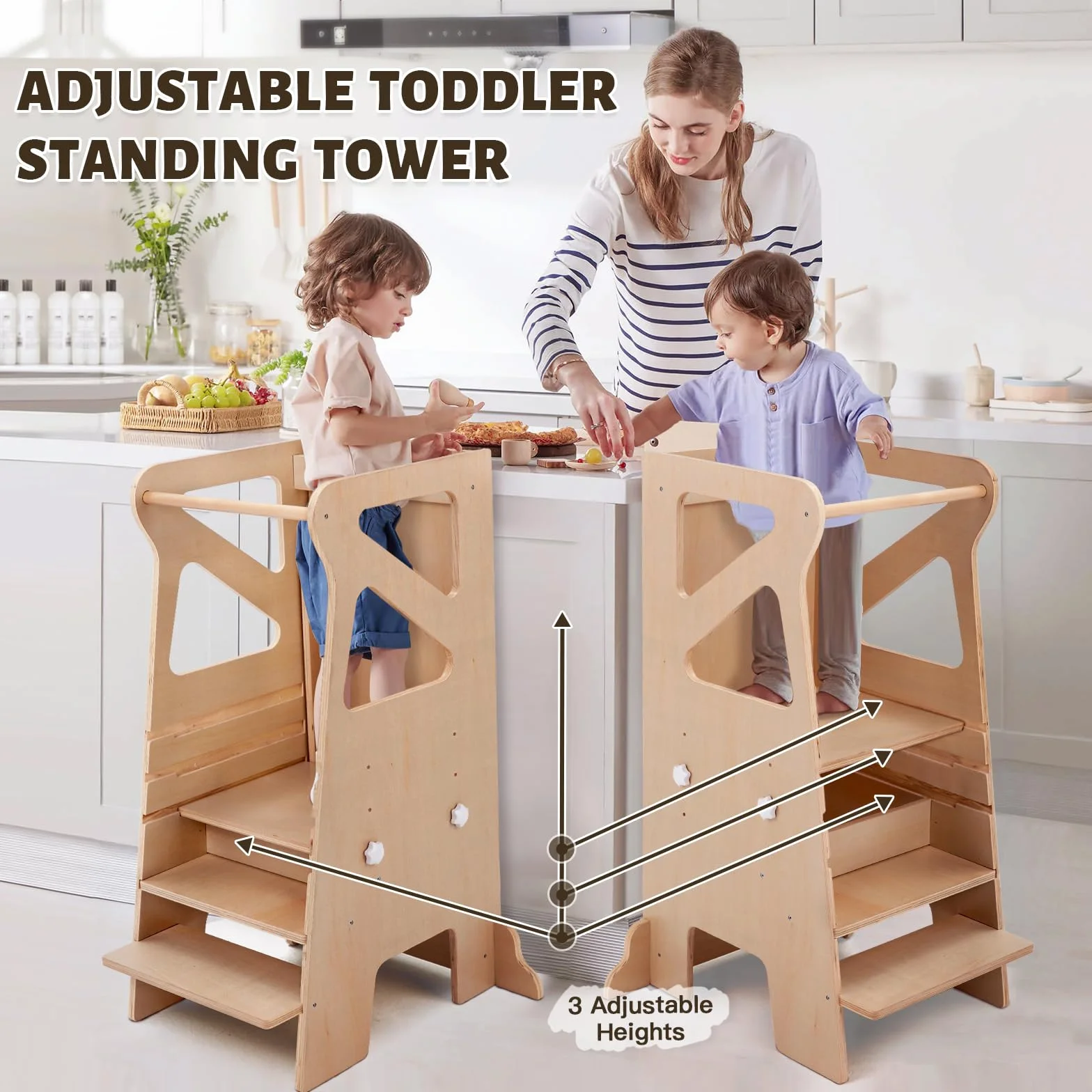 Labebe Torre de Aprendizaje Montessori 4 en 1 Regulable en Altura con Tobogán y Pizarra