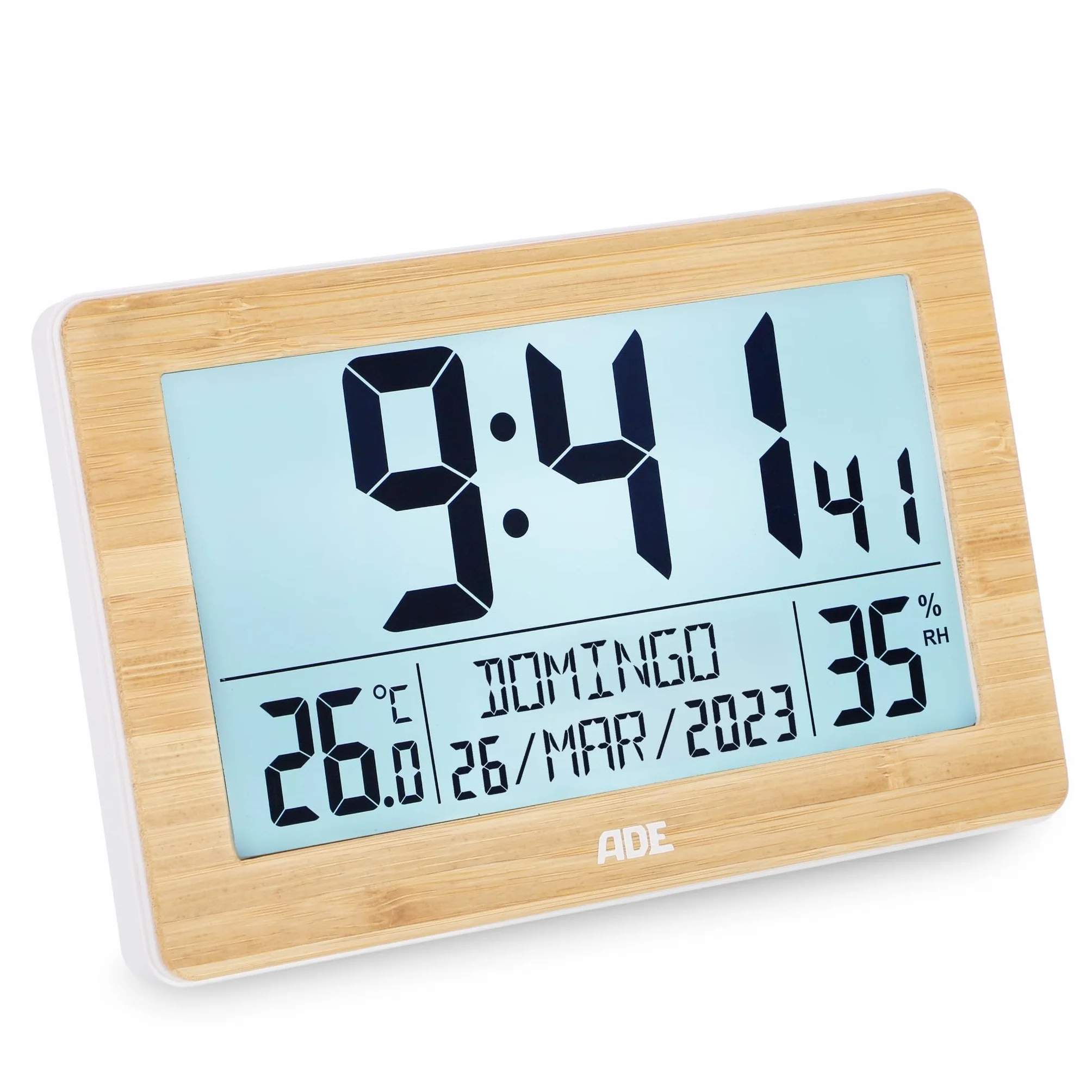 ADE Reloj Digital XL Radio-controlado con dígitos Muy Grandes | Reloj de Mesa con 2 Horas de Alarma e iluminación | termómetro higrómetro | Marco Delgado Hecho de bambú Real