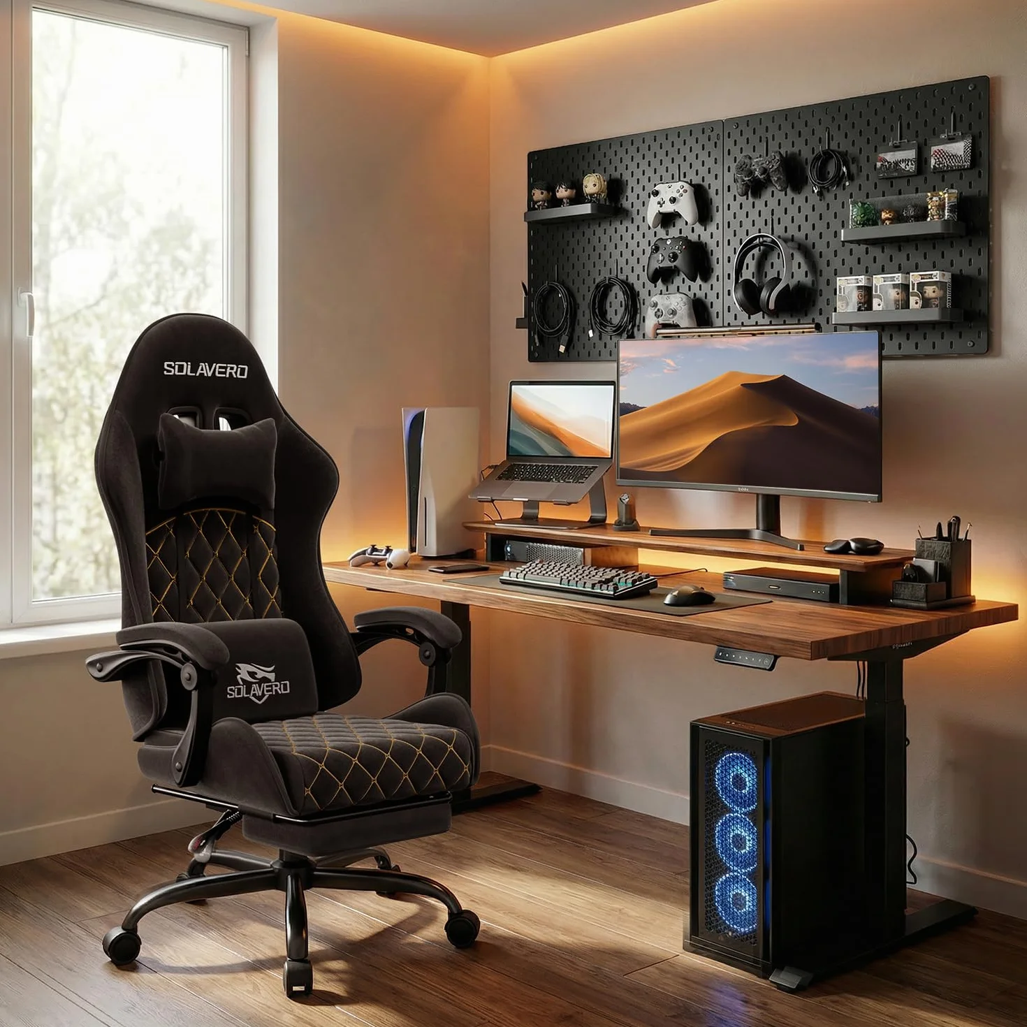 SOLAVERO Silla Gaming de Tejido de Antelina, Silla Gamer Ergonómica con Soporte Lumbar Masaje, Sillón Gamer con Reposapiés Telescópico, Capacidad 150KG, Cadeira Gaming Negro