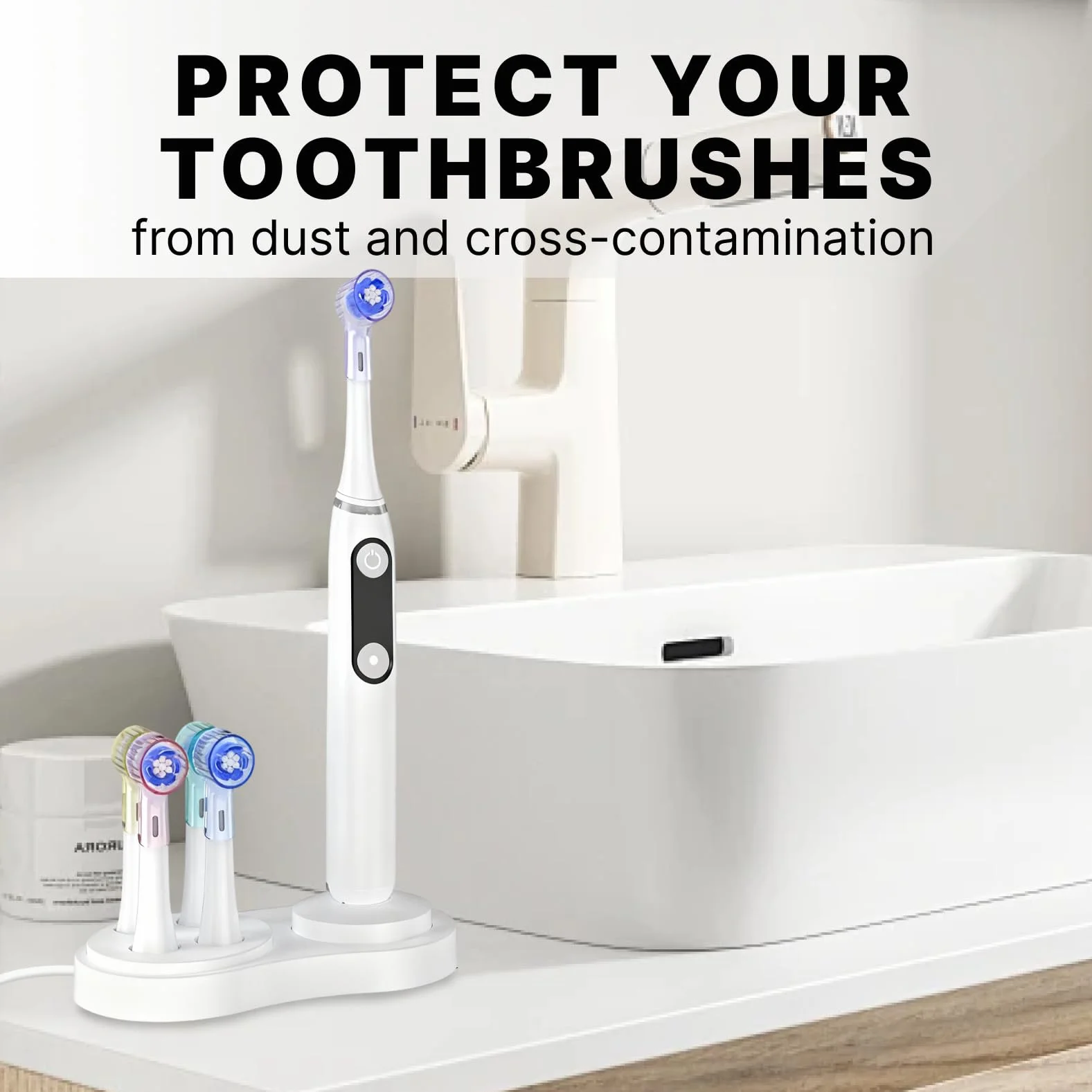 Portacepillos para cepillos de Dientes eléctricos Oral-B e iO, con Soporte para Cabezales y protección higiénica, Compatible con Cabezales Multicolor para baño.