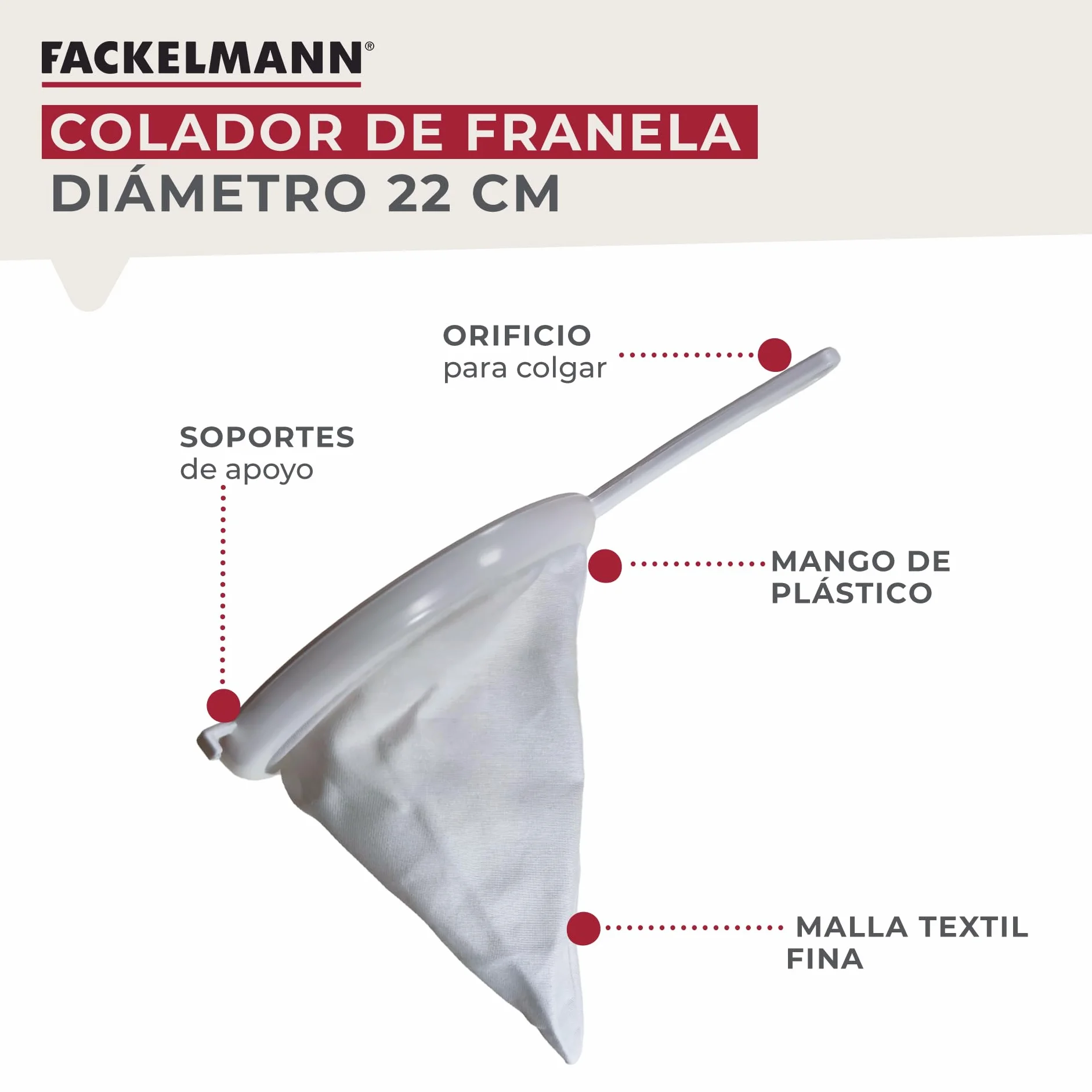 Fackelmann Colador de Tela 22 cm, Pasapurés, Gasa de Queso, Colador de Kéfir, Franela, Color Blanco, 1 ud.