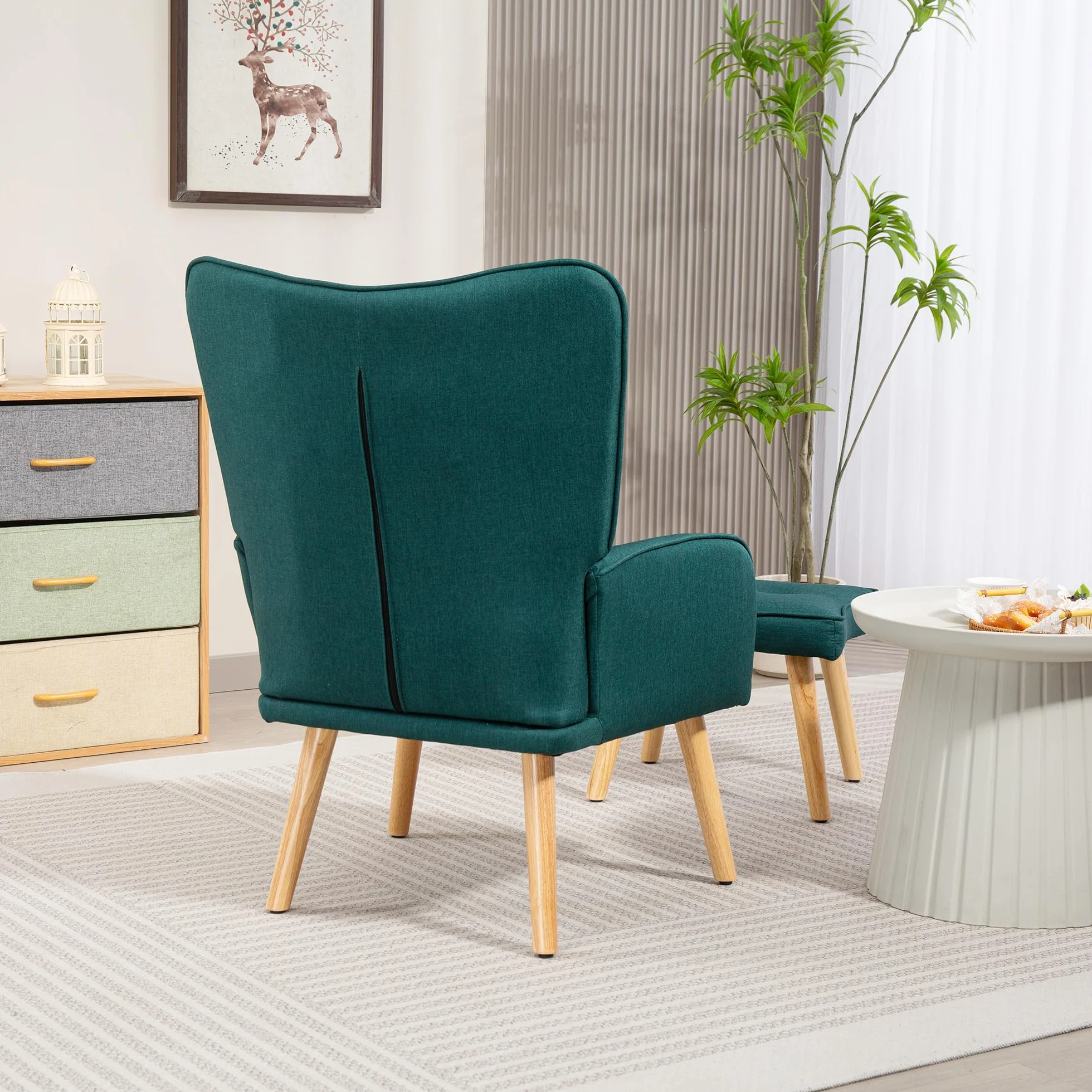 HOMCOM Sillón con Reposapiés Sillón Lectura con Respaldo Alto Capitoné Asiento Amplio Patas de Madera y Tapizado en Lino Butaca para Salón Dormitorio Oficina Verde Oscuro