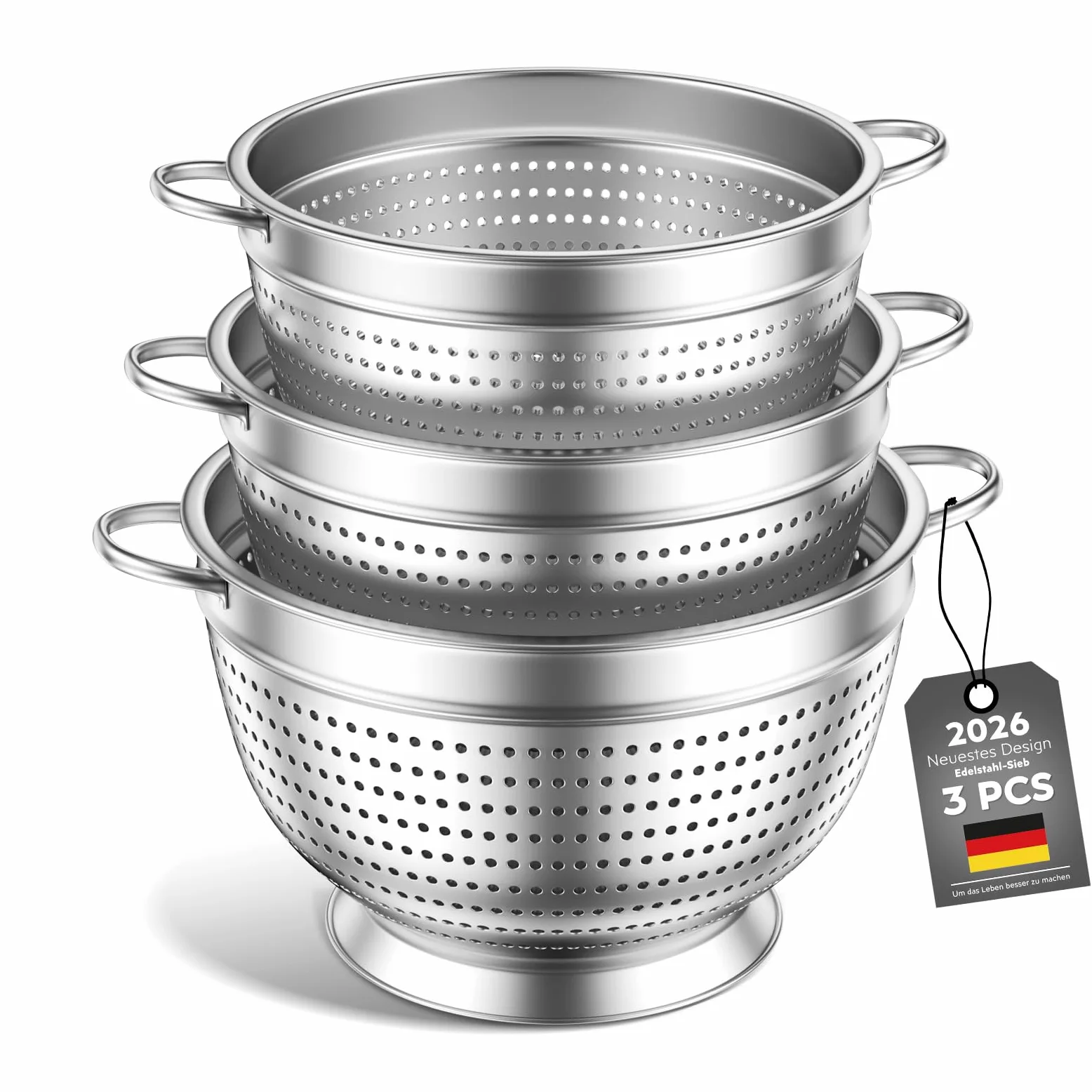 Juego de 3 coladores coladores de acero inoxidable, colador de cocina, colador de pasta de 20/24/26 cm, colador de cocina de metal con asa, colador de malla fina para lavar pasta, verduras, frutas y