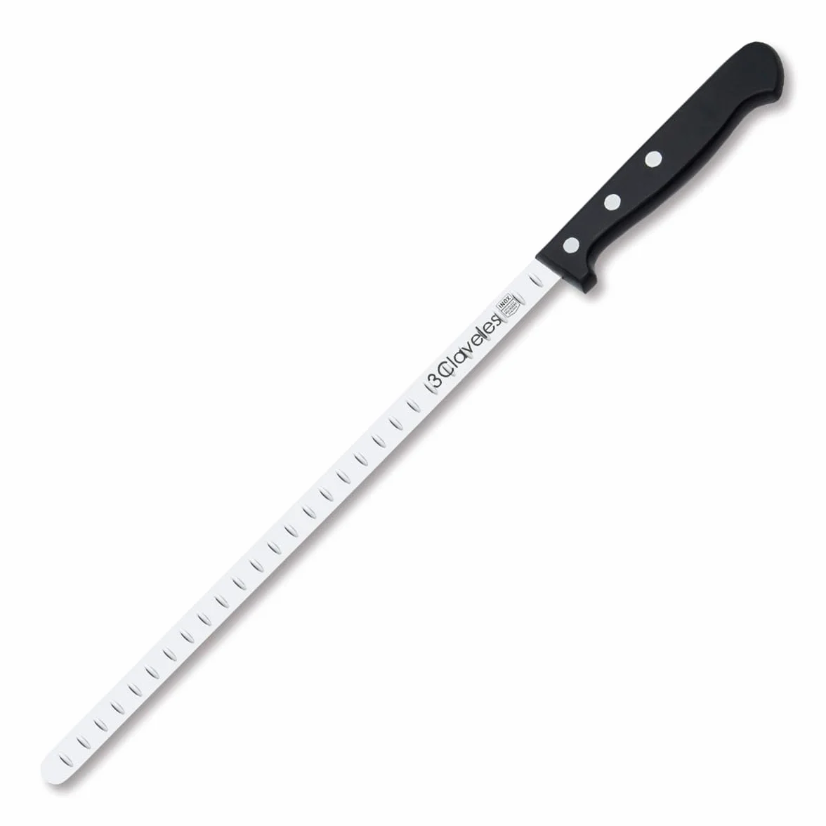 PracticDomus 3 Claveles Cuchillo Jamonero Estrecho, Alveolado, Acero Inoxidable, Mango Pom Negro, 29 cm