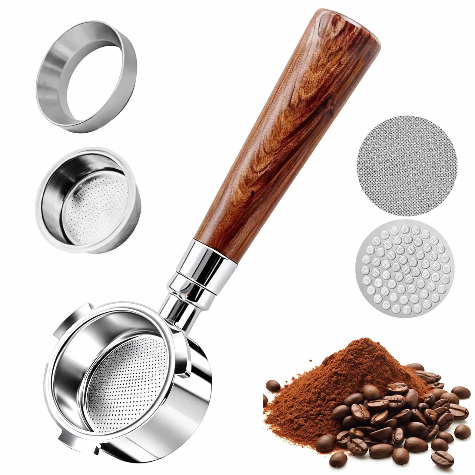 Portafiltro sin Fondo de 51 mm con 3 Orejas, Compatible con DeLonghi Dedica EC680/EC685/EC885, Portafiltros Cafe 51mm con Mango de Madera de Nogal y 2 Cestas de Filtro de Acero Inoxidable