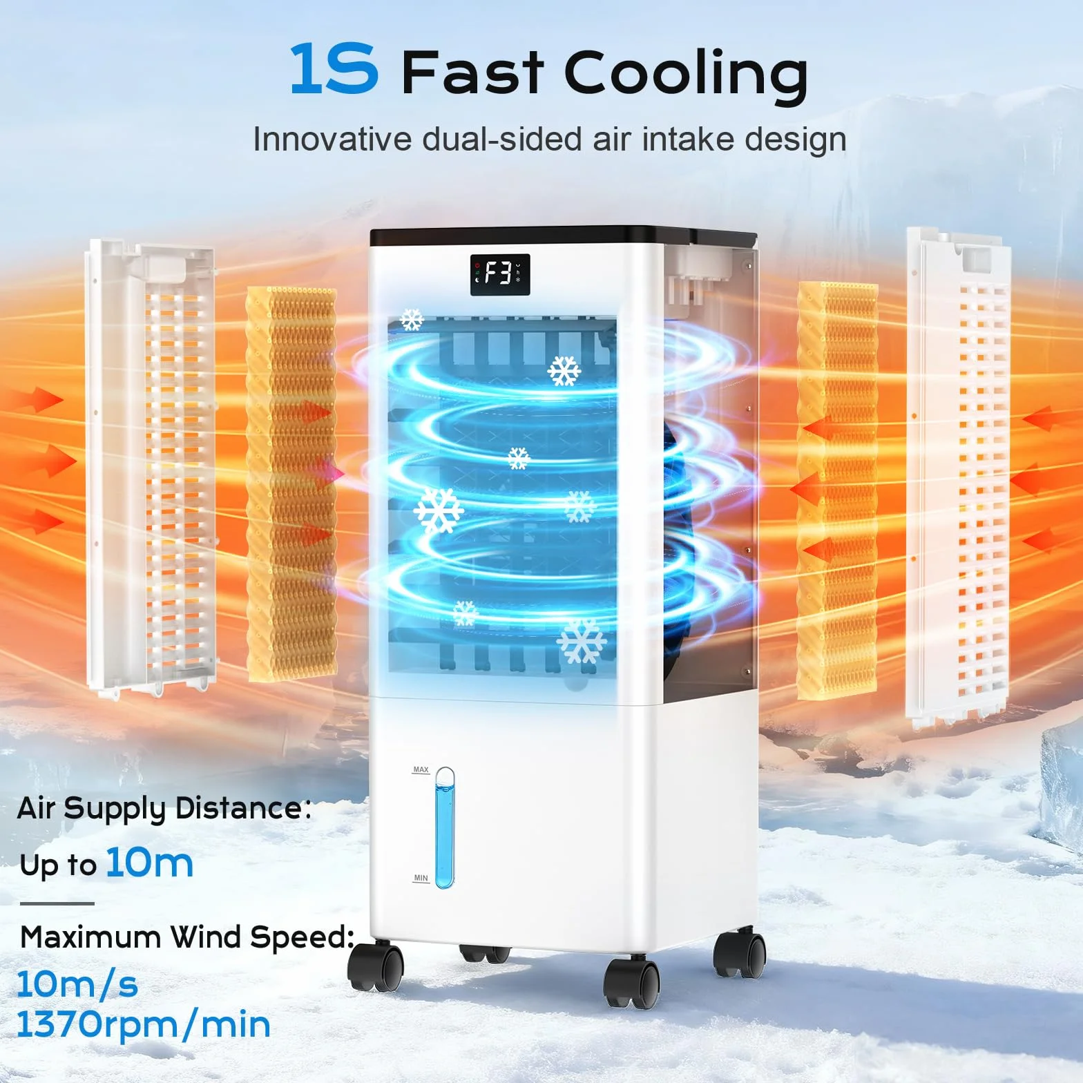 Aire Acondicionado Portátil Silencioso, Enfriador de Aire sin Tubo 4 en 1, 4 Modos 3 Velocidades, 60W Climatizador Evaporativo, Temporizadores de 1-12 H con Control Remoto, 4 Ruedas para Hogar Oficina